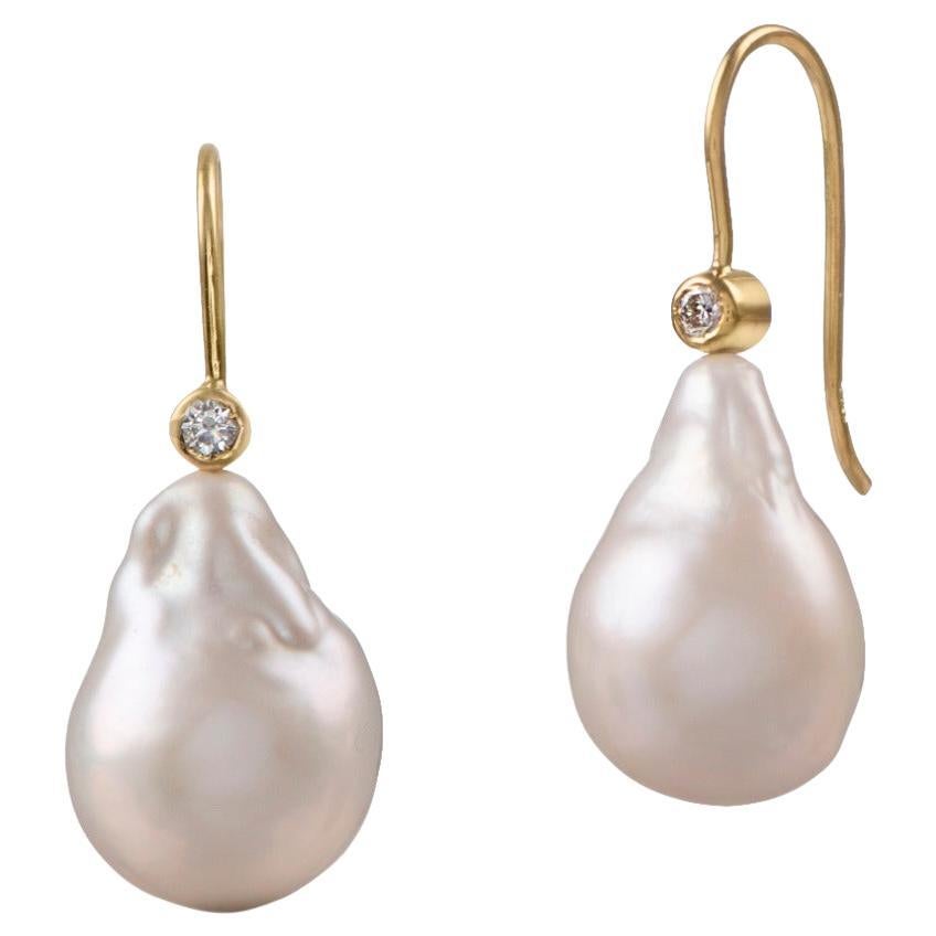 Baroque Pearls and Diamonds Earrings, 18K Gold by Michelle Massoura For Sale