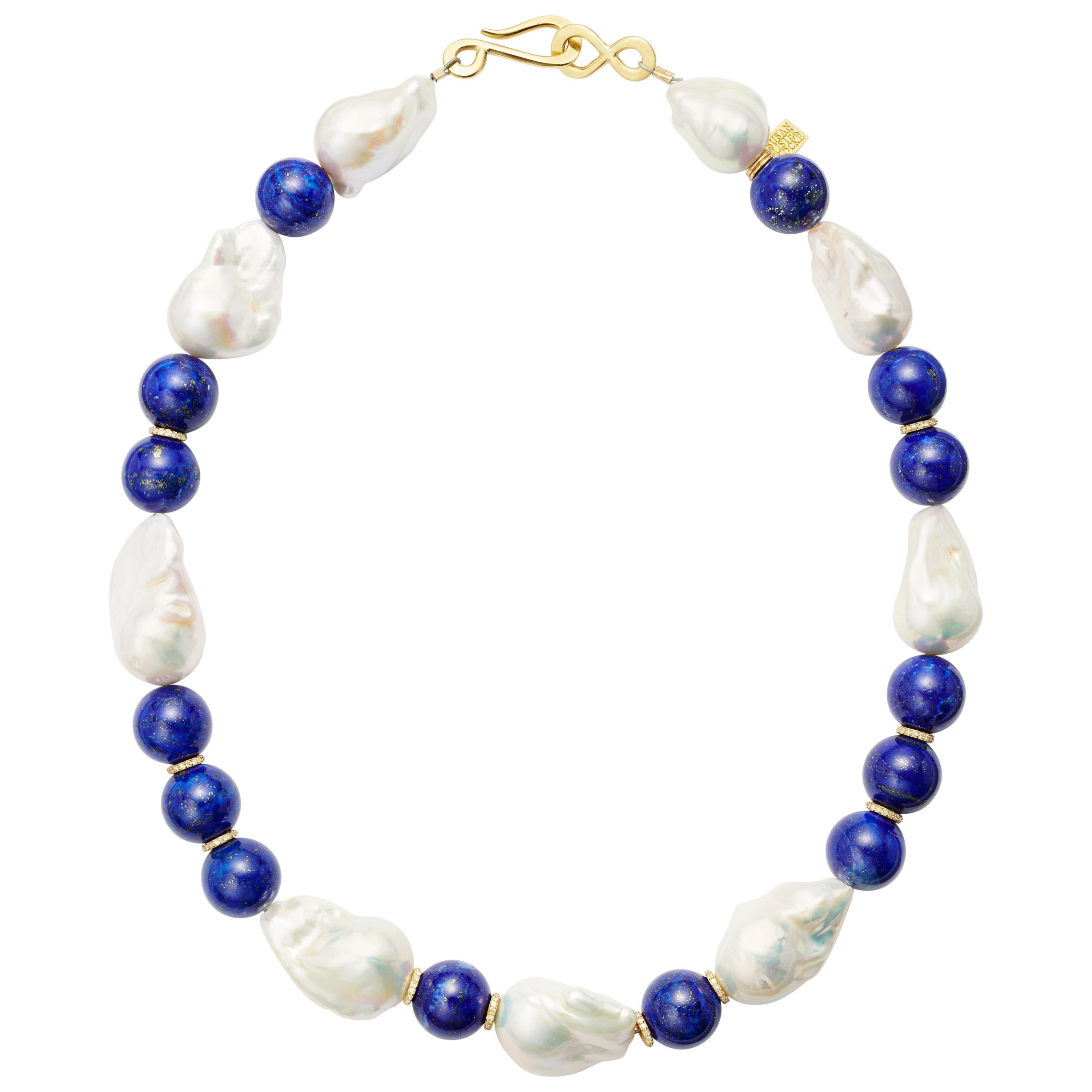 Susan Lister Locke 19" Baroque Pearls and Lapis Lazuli beads, Diamond Rondelles For Sale