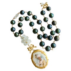 Baroque Pearls, Aquamarine and Hand Painted Porcelain Pendant Necklace