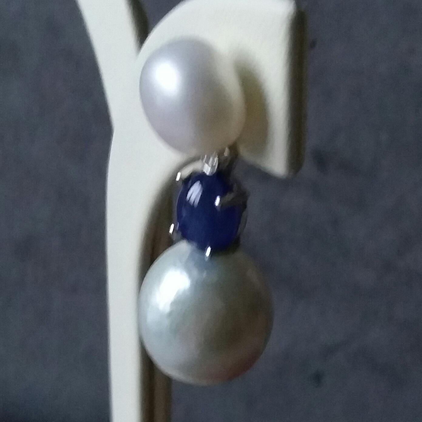 Contemporary Baroque Pearls Blue Sapphire Cabochon Diamonds White Gold Dangle Earrings For Sale