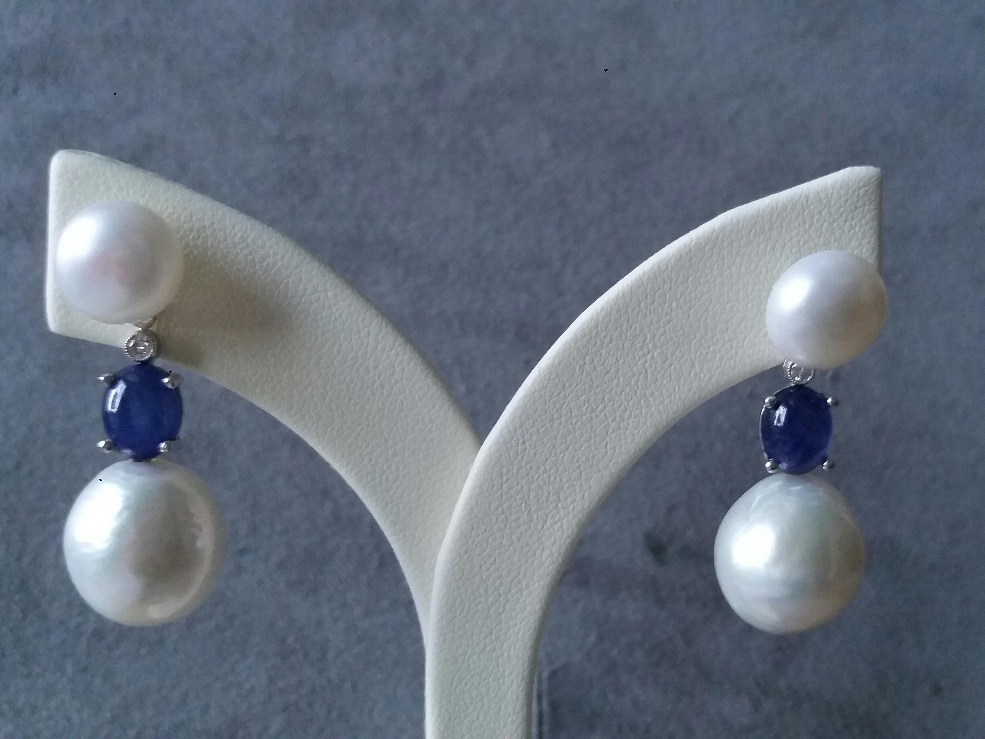 Mixed Cut Baroque Pearls Blue Sapphire Cabochon Diamonds White Gold Dangle Earrings