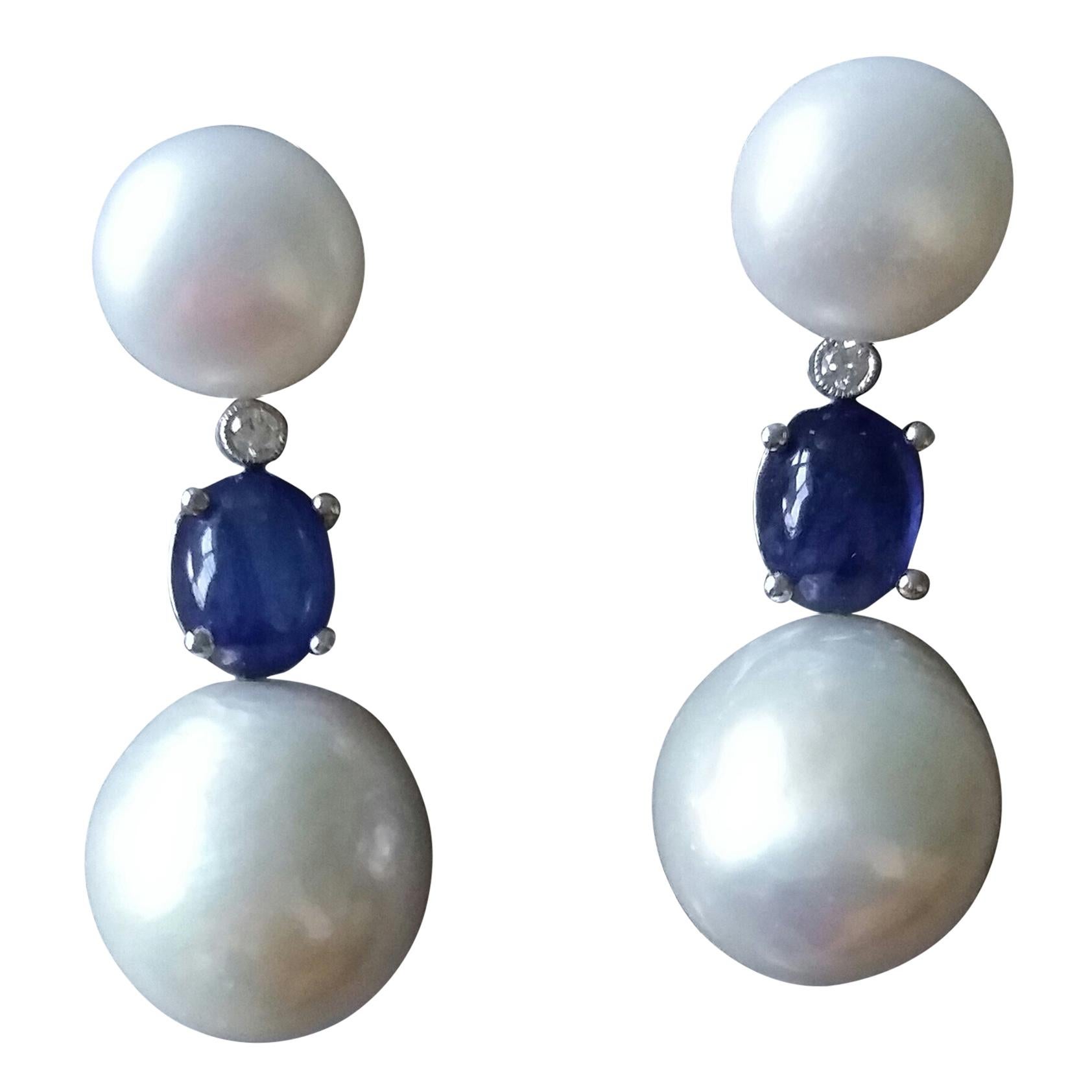 Baroque Pearls Blue Sapphire Cabochon Diamonds White Gold Dangle Earrings For Sale