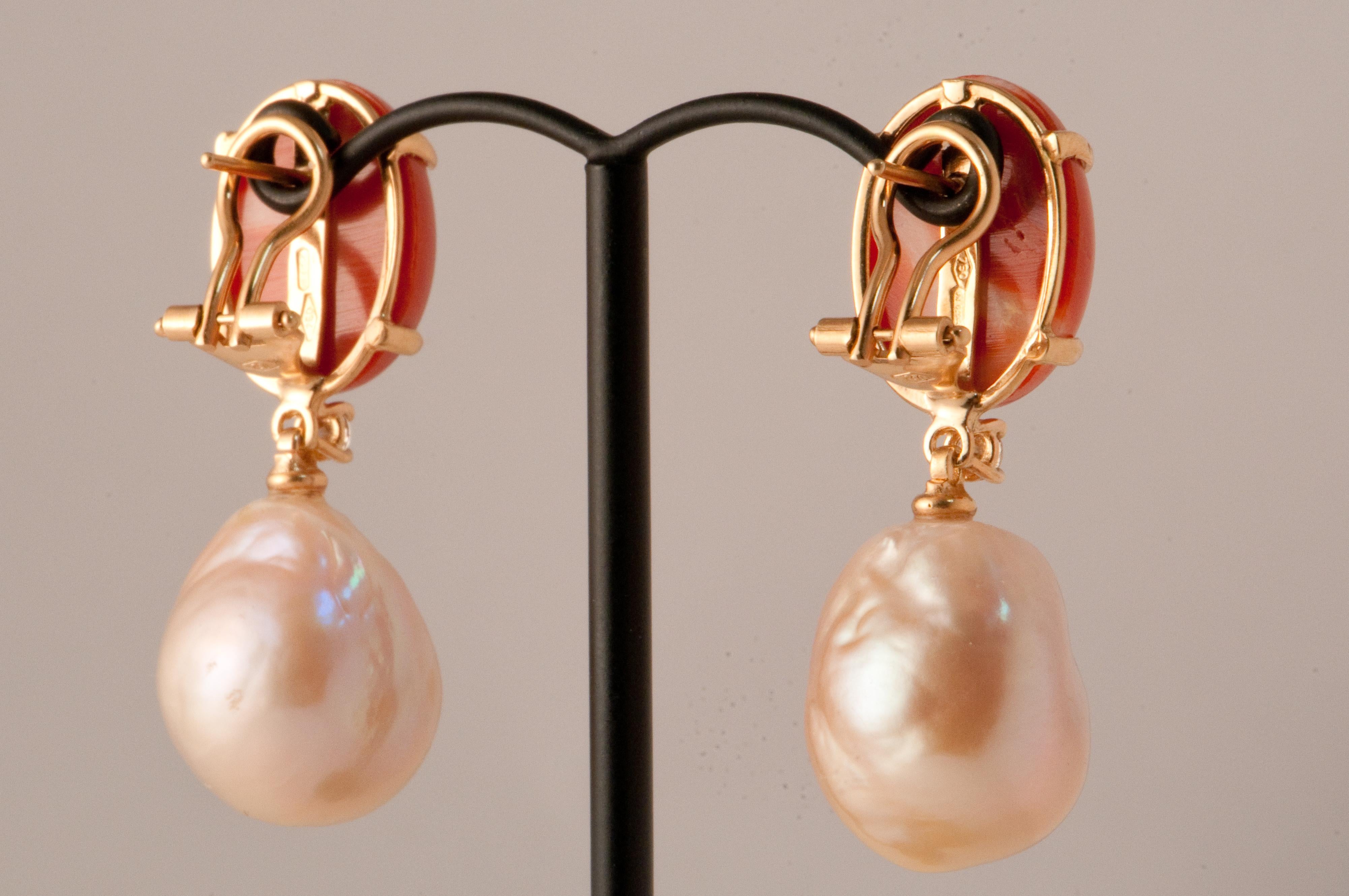 Women's or Men's Baroque Pearls Coral and Diamonds Yellow Gold Earrings