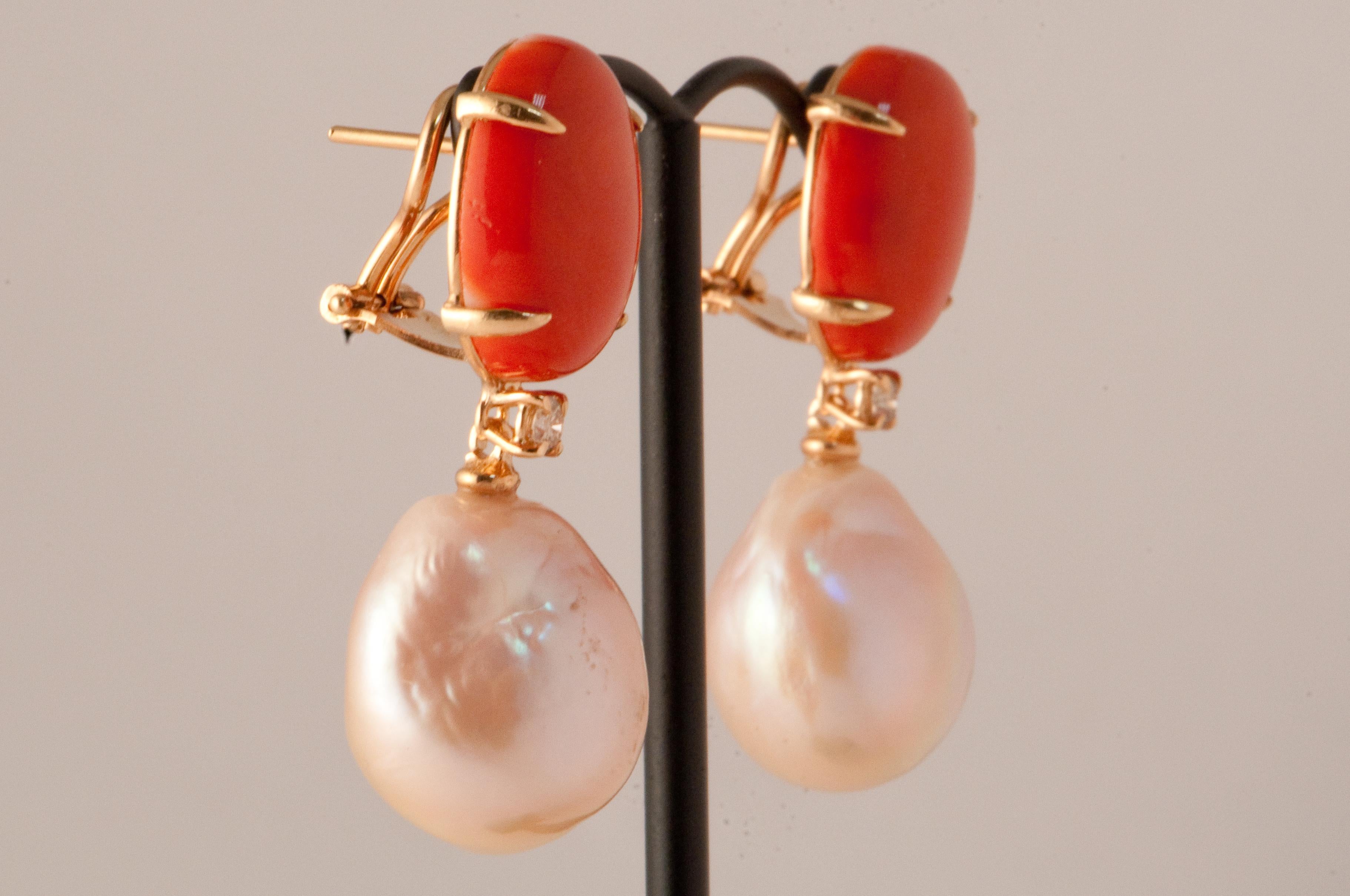 Baroque Pearls Coral and Diamonds Yellow Gold Earrings 1