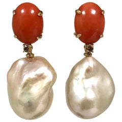 Baroque Pearls Coral and Diamonds Yellow Gold Earrings