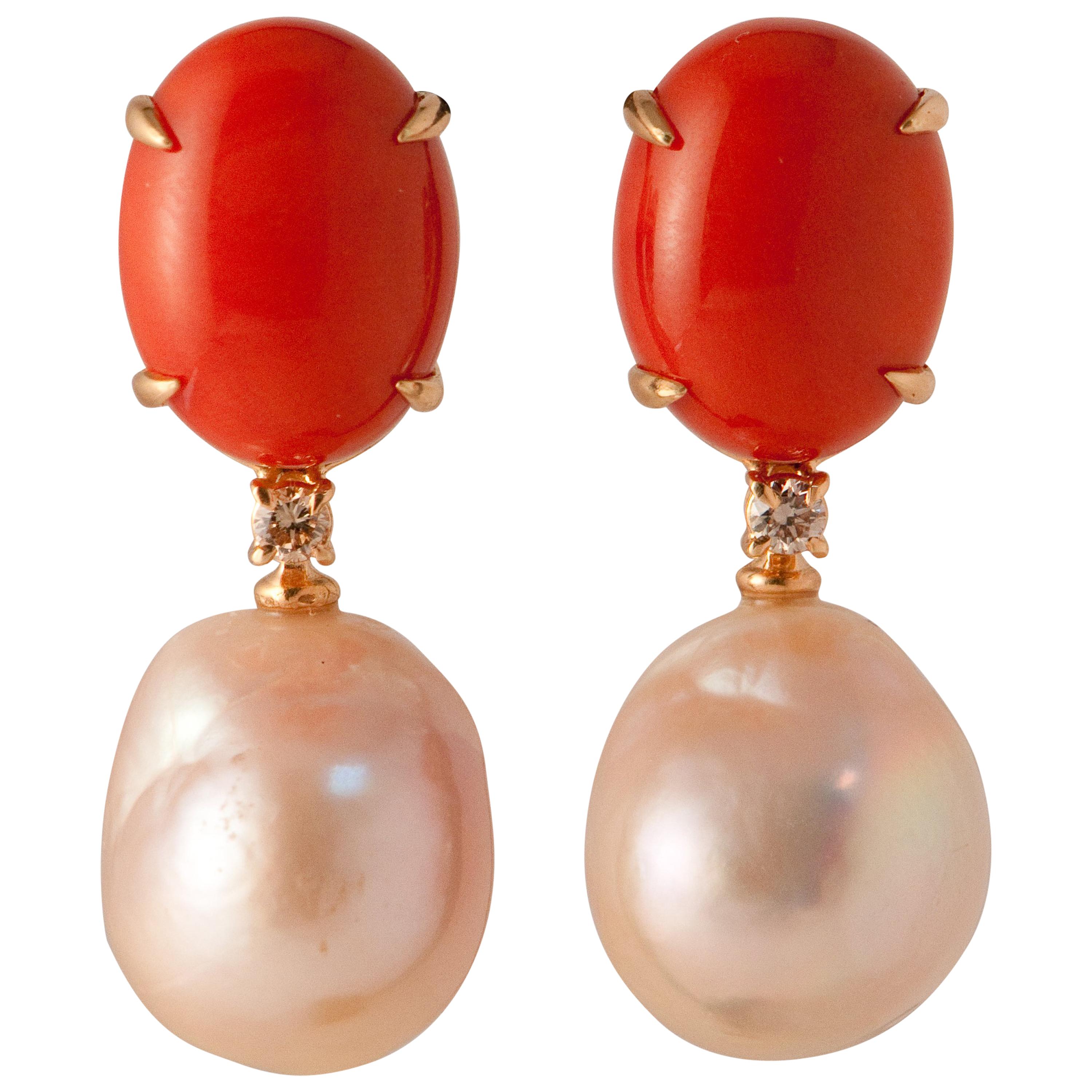 Baroque Pearls Coral and Diamonds Yellow Gold Earrings