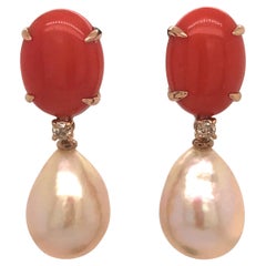 Baroque Pearls Coral and Diamonds Yellow Gold Earrings