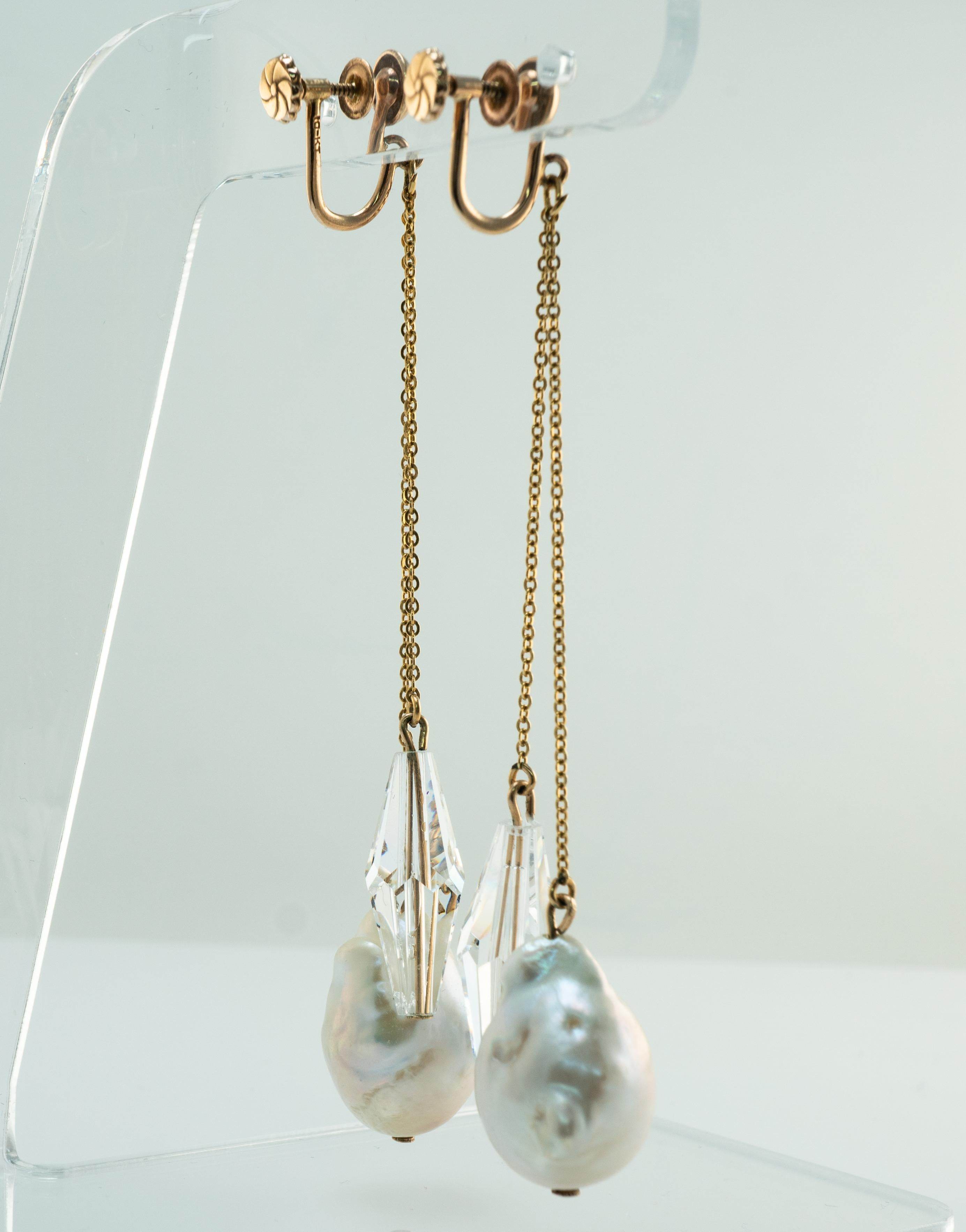 Baroque Pearl Crystal Screw Back Earrings for Non pierced Ears 10K 14K Gold For Sale 5