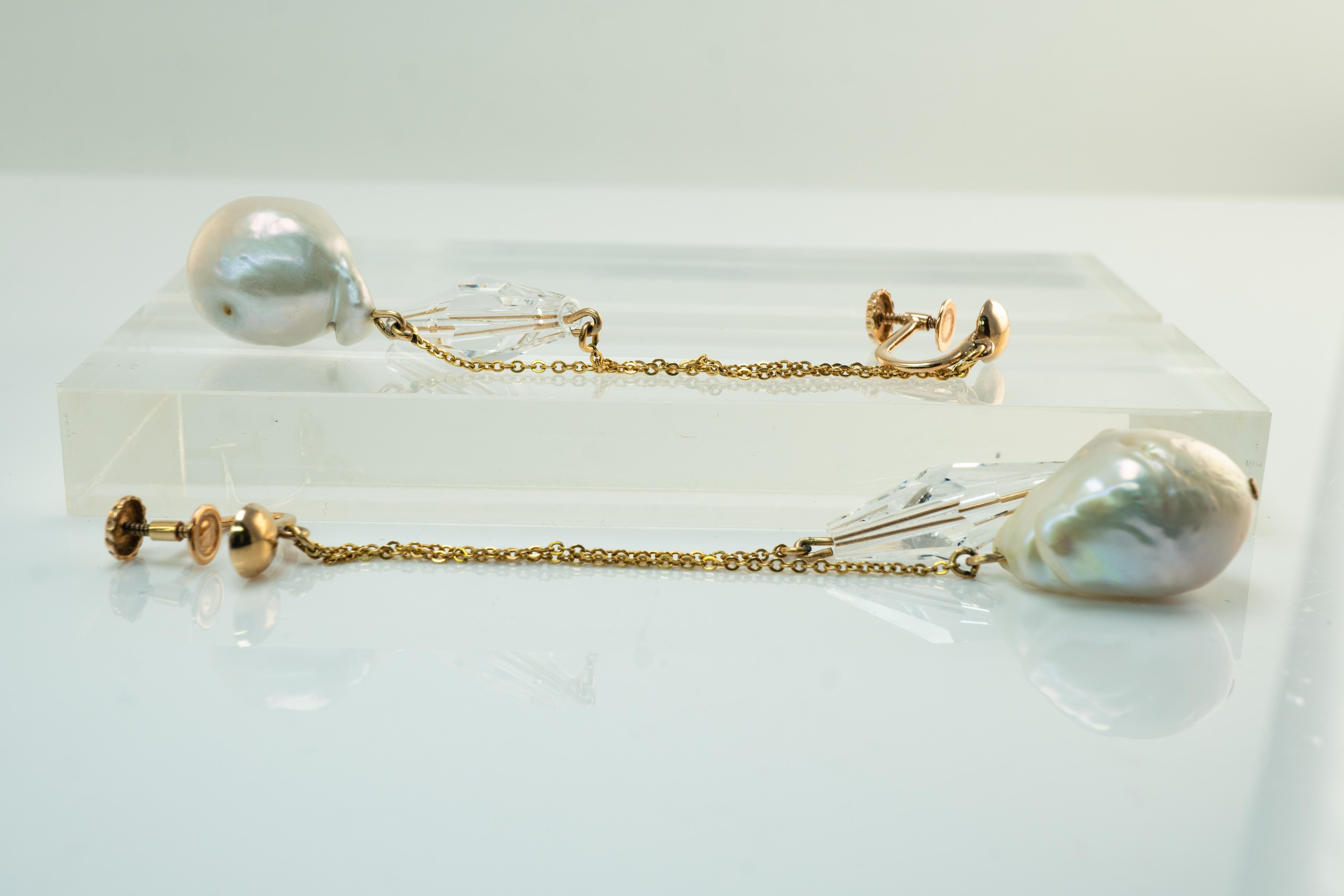 Baroque Pearl Crystal Screw Back Earrings for Non pierced Ears 10K 14K Gold For Sale 8