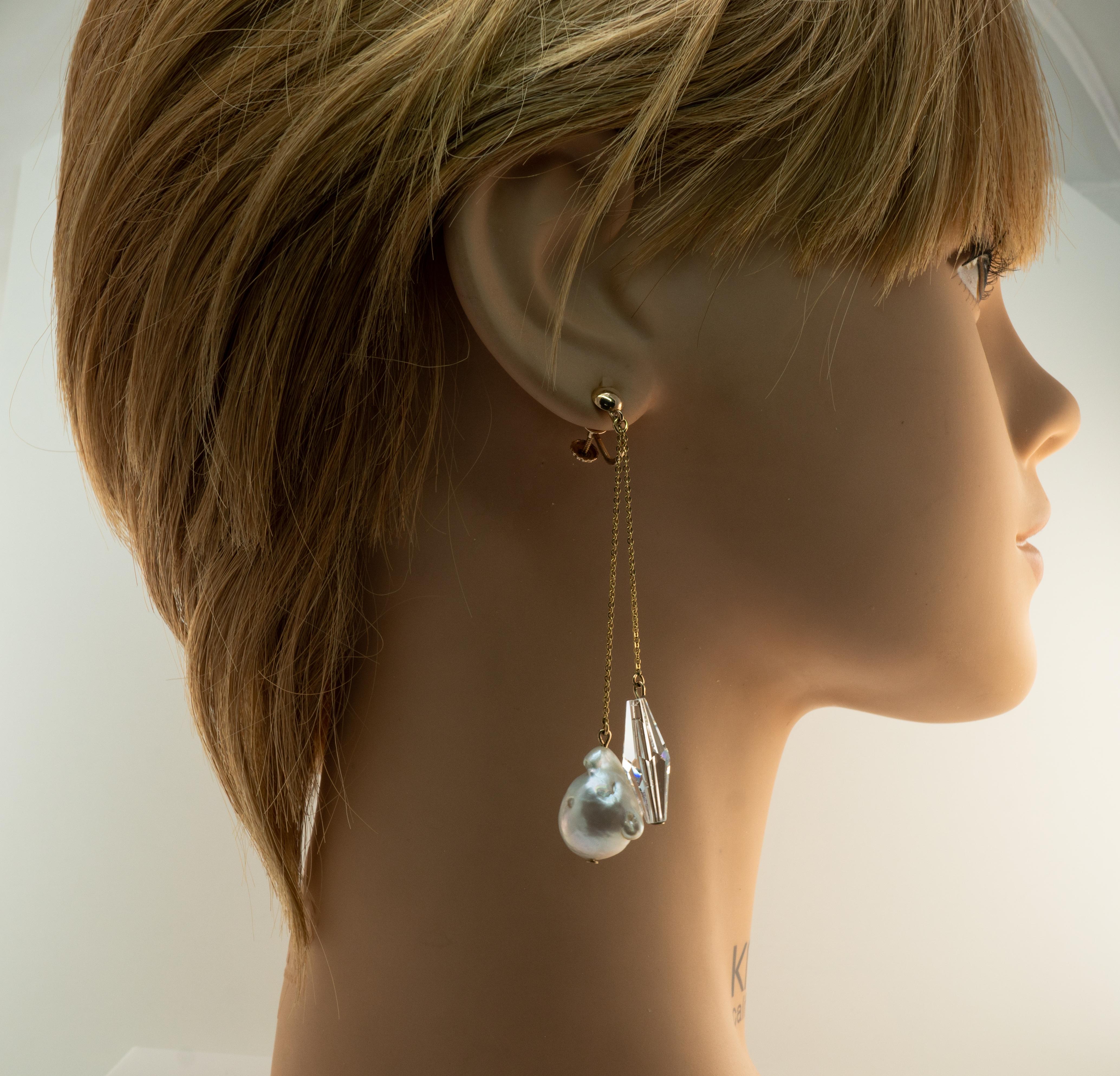 Baroque Pearl Crystal Screw Back Earrings for Non pierced Ears 10K 14K Gold For Sale 9