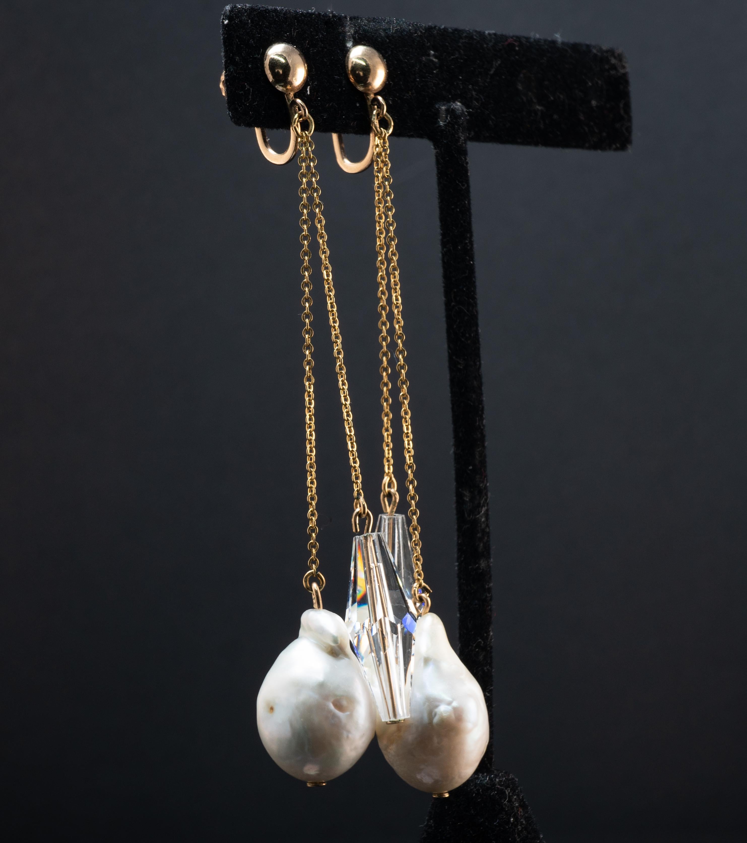 Women's Baroque Pearl Crystal Screw Back Earrings for Non pierced Ears 10K 14K Gold For Sale