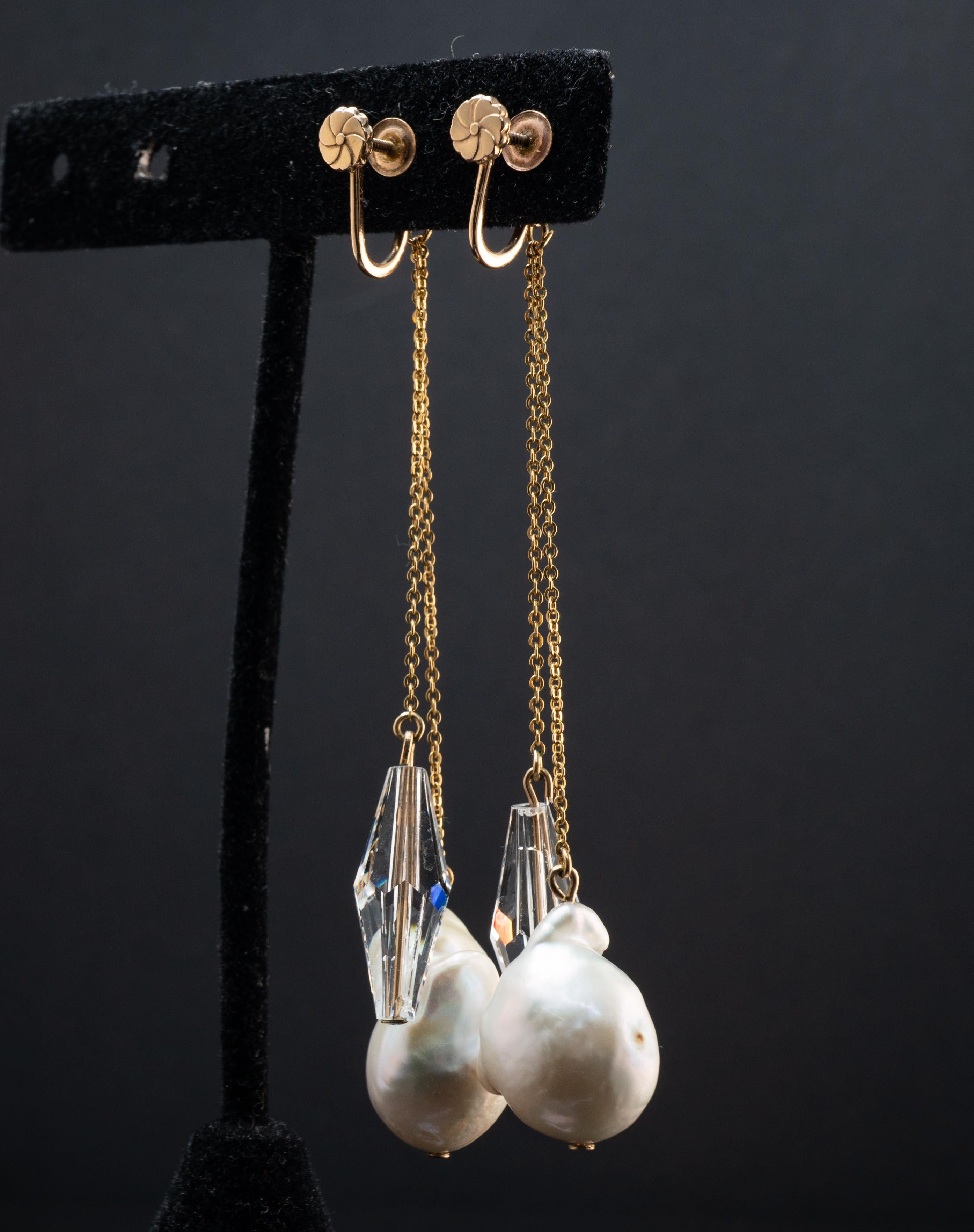 Baroque Pearl Crystal Screw Back Earrings for Non pierced Ears 10K 14K Gold For Sale 1