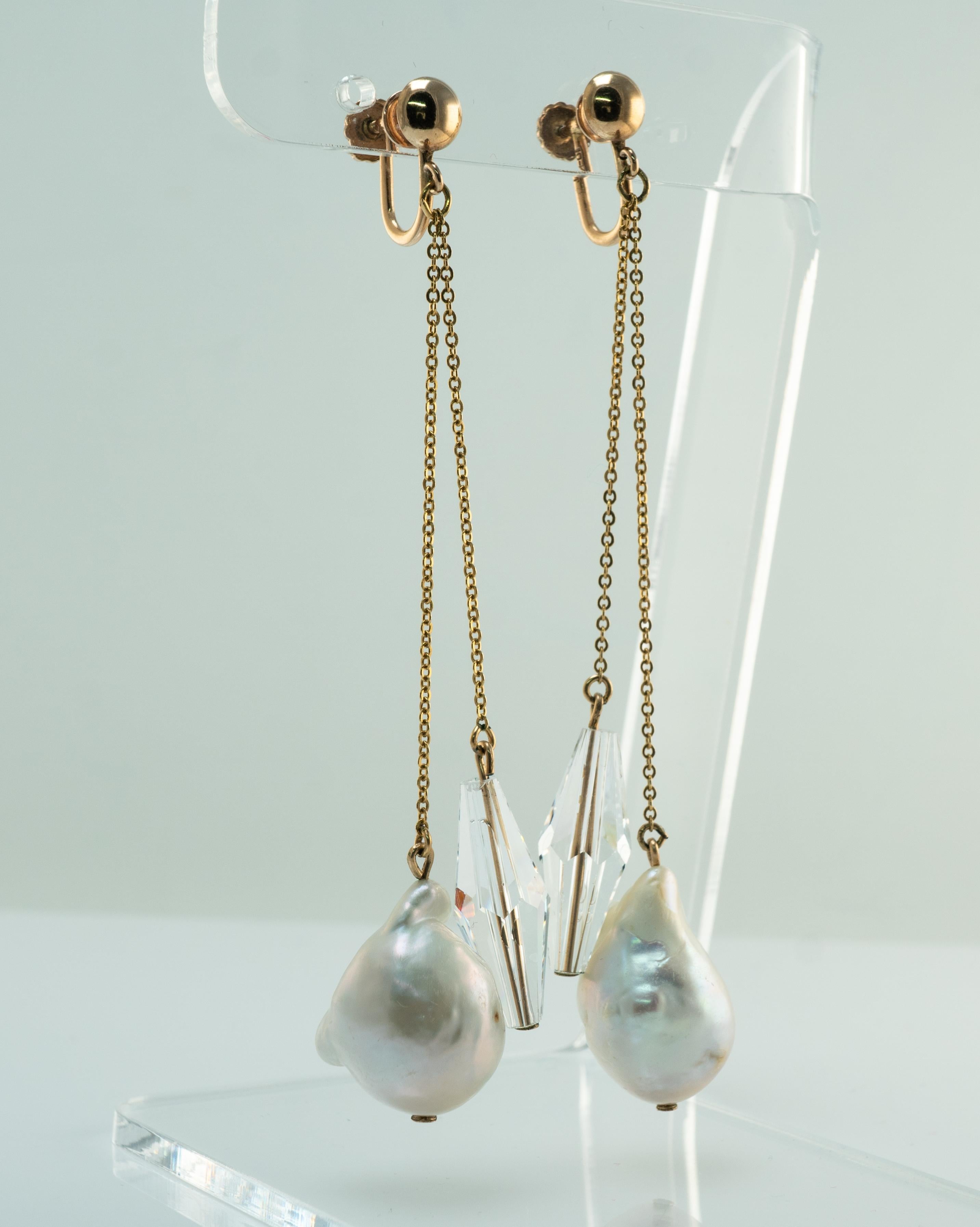 Baroque Pearl Crystal Screw Back Earrings for Non pierced Ears 10K 14K Gold For Sale 3