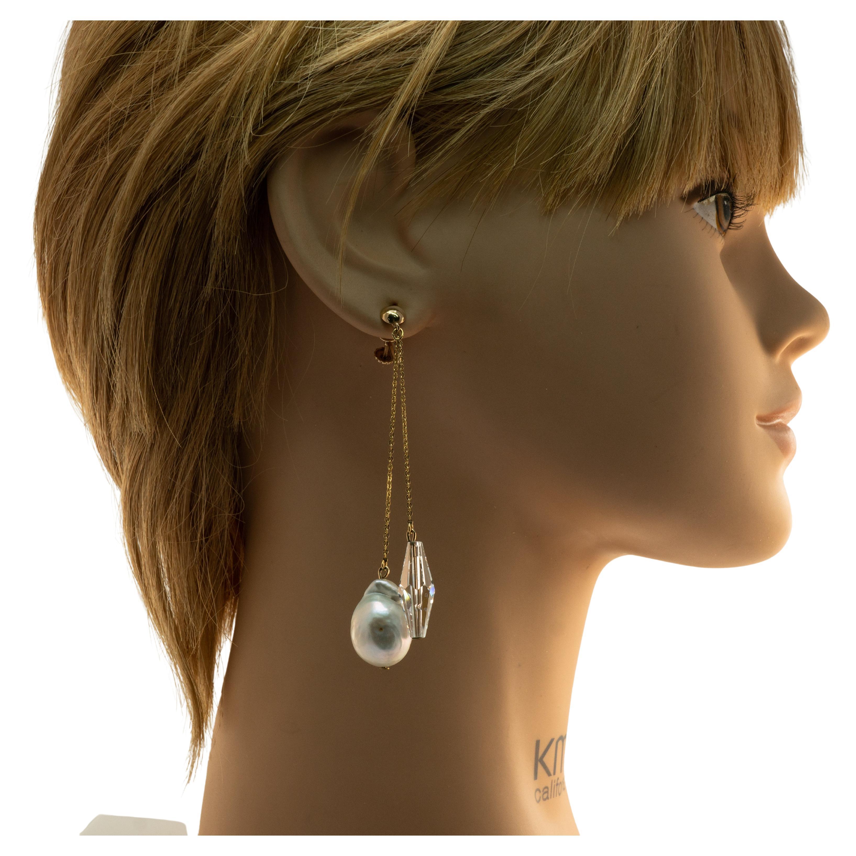 Baroque Pearl Crystal Screw Back Earrings for Non pierced Ears 10K 14K Gold For Sale