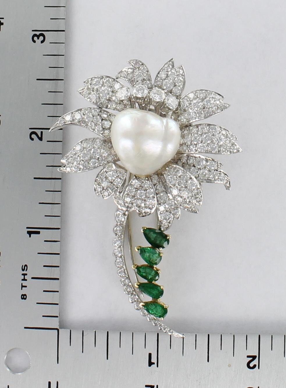 Contemporary Baroque Pearls Diamond and Emerald Platinum and 18 Karat Pin