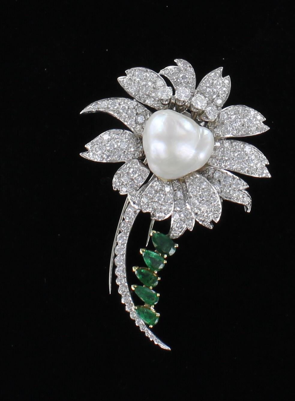 Round Cut Baroque Pearls Diamond and Emerald Platinum and 18 Karat Pin