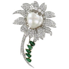 Baroque Pearls Diamond and Emerald Platinum and 18 Karat Pin