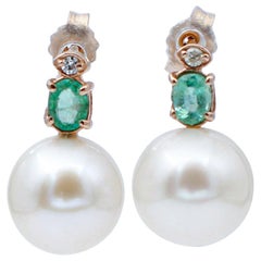 Baroque Pearls, Diamonds, Emeralds, 14 Karat Rose Gold Beaded Earrings