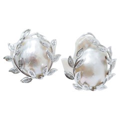 Baroque Pearls, Diamonds, Platinum and 14 Karat White Gold Earrings.