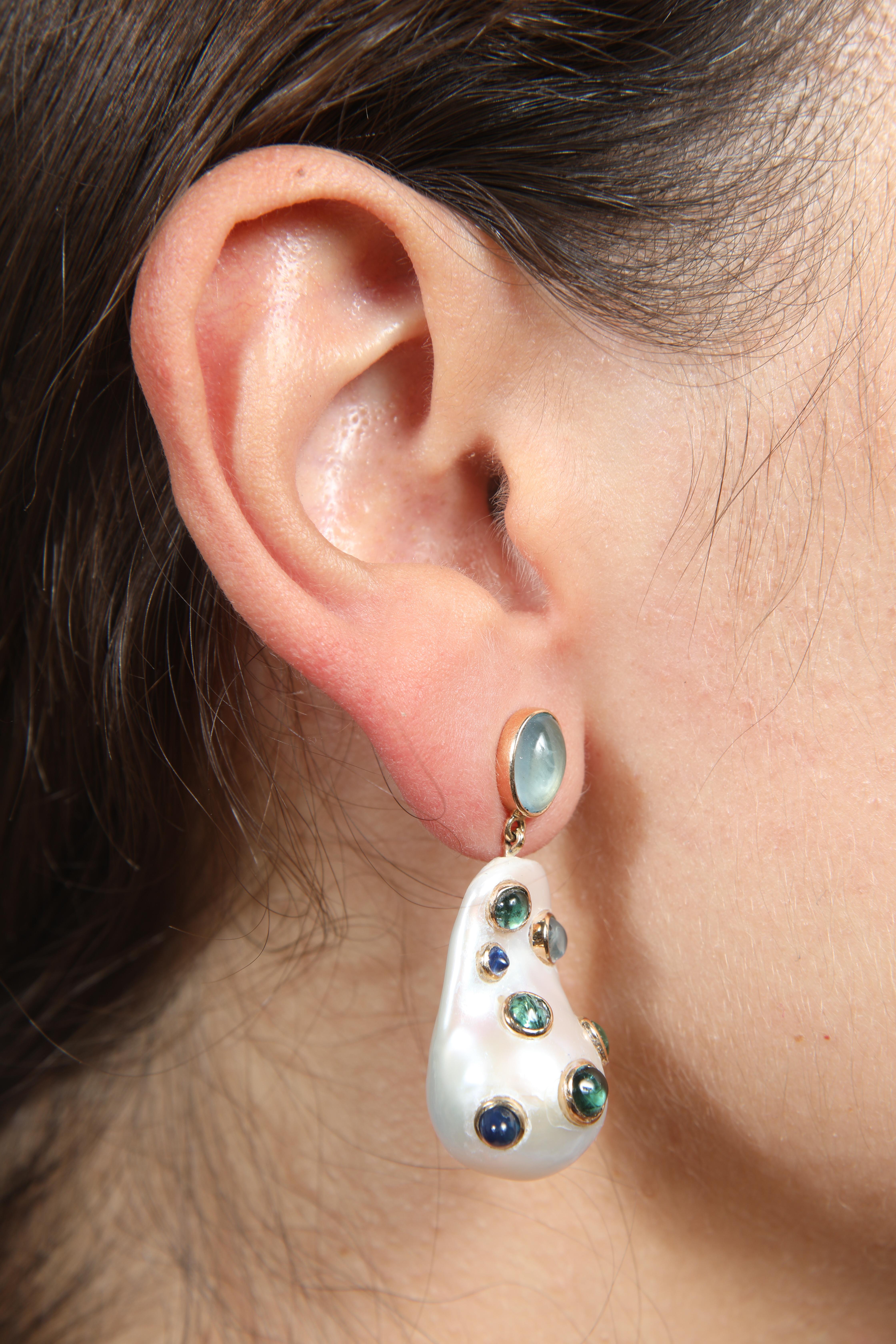 Contemporary Baroque Pearls Earrings Set with Aquamarine, Sapphires, Green Tourmalines