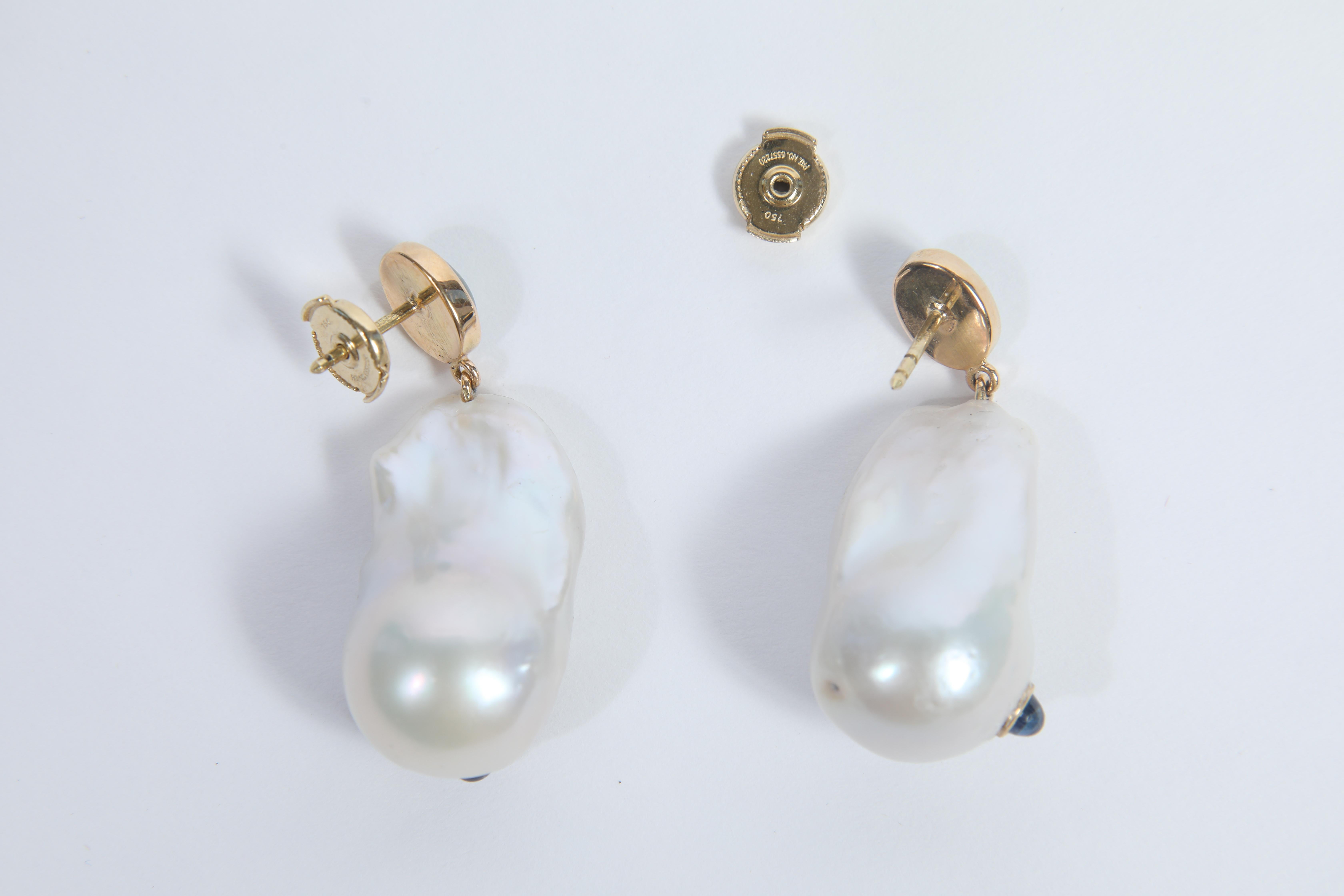 Women's Baroque Pearls Earrings Set with Aquamarine, Sapphires, Green Tourmalines