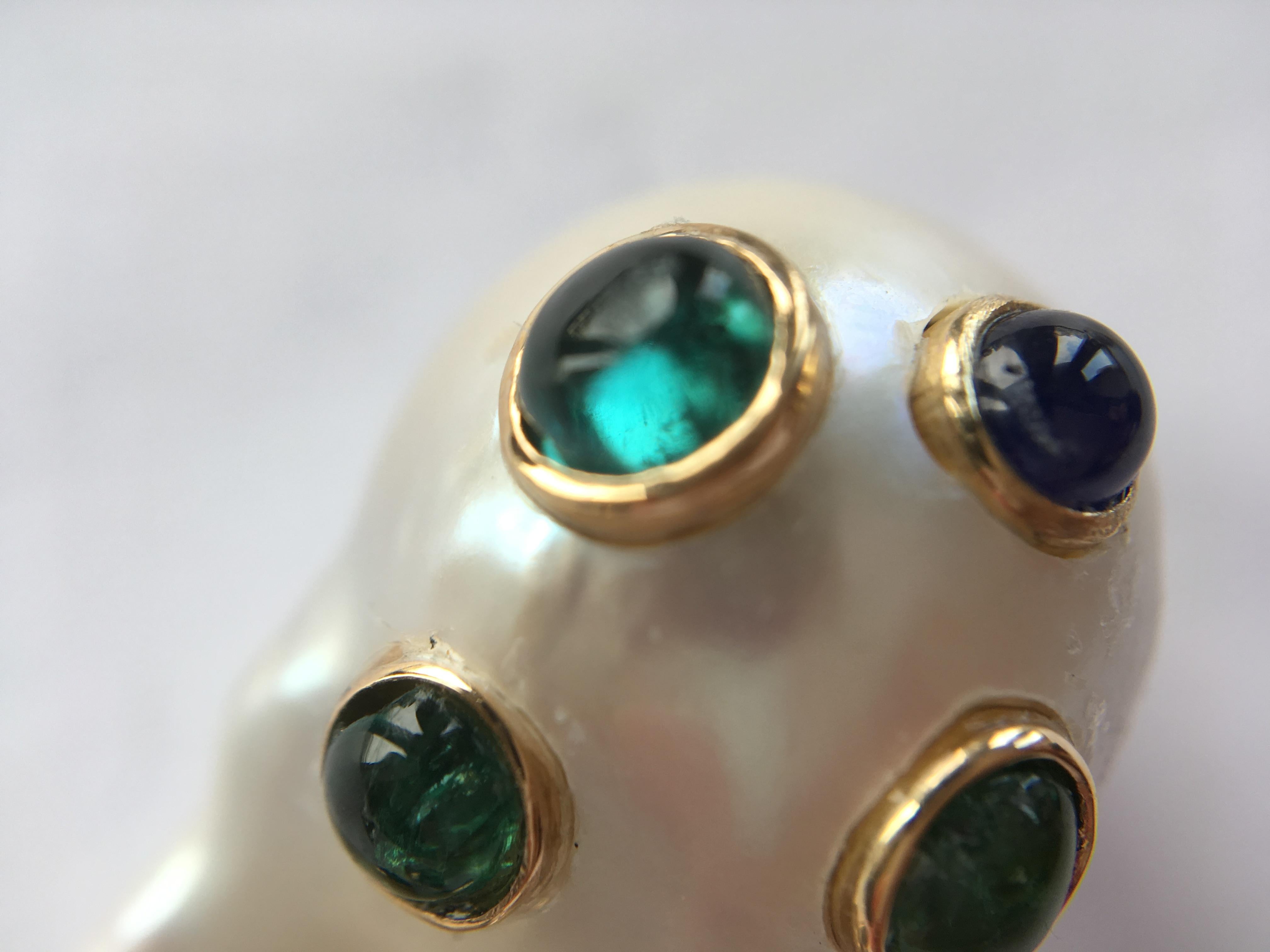 Baroque Pearls Earrings Set with Aquamarine, Sapphires, Green Tourmalines 1