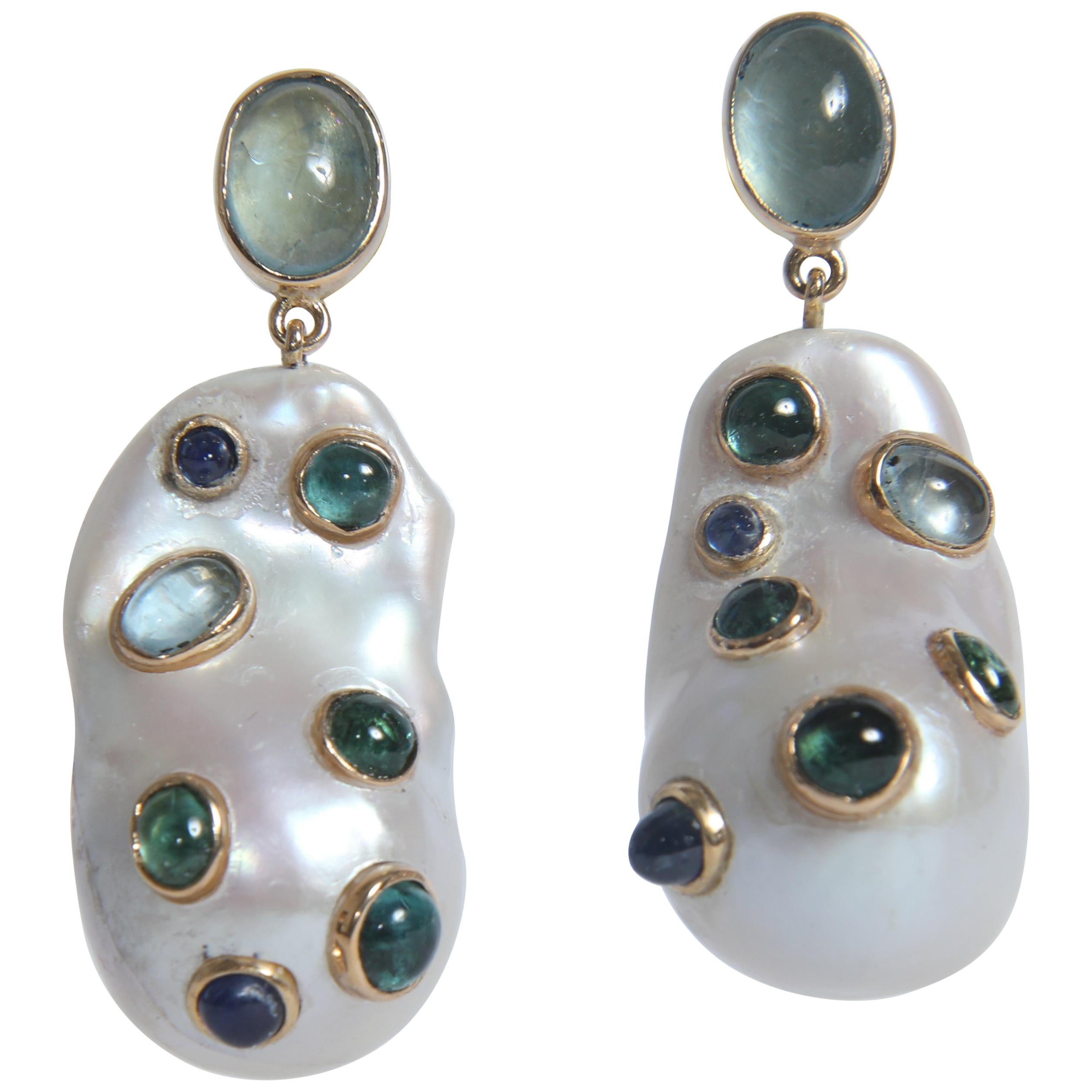 Baroque Pearls Earrings Set with Aquamarine, Sapphires, Green Tourmalines