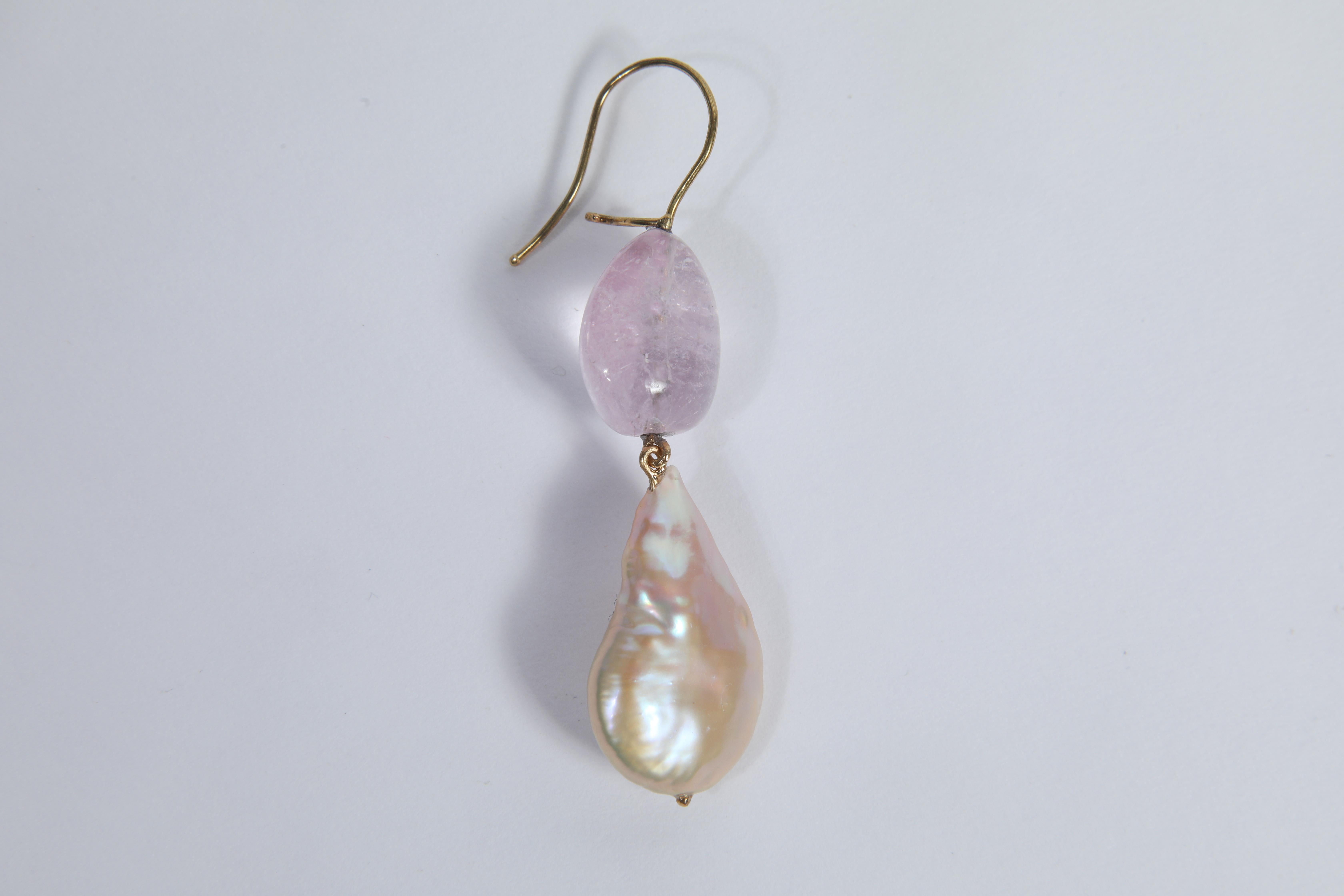Contemporary Baroque Pearls Earrings Set with Pink Beryls Tumbles by Marion Jeantet