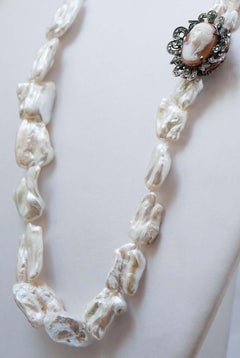 Baroque Pearls, Emeralds, Cameo, Diamonds, Rose Gold and Silver Necklace.