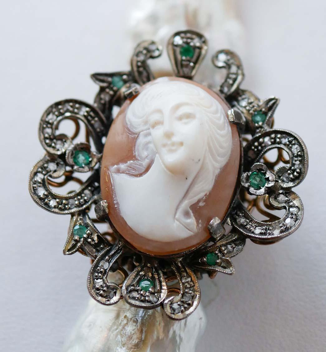 Retro Baroque Pearls, Emeralds, Cameo, Diamonds, Rose Gold and Silver Necklace. For Sale