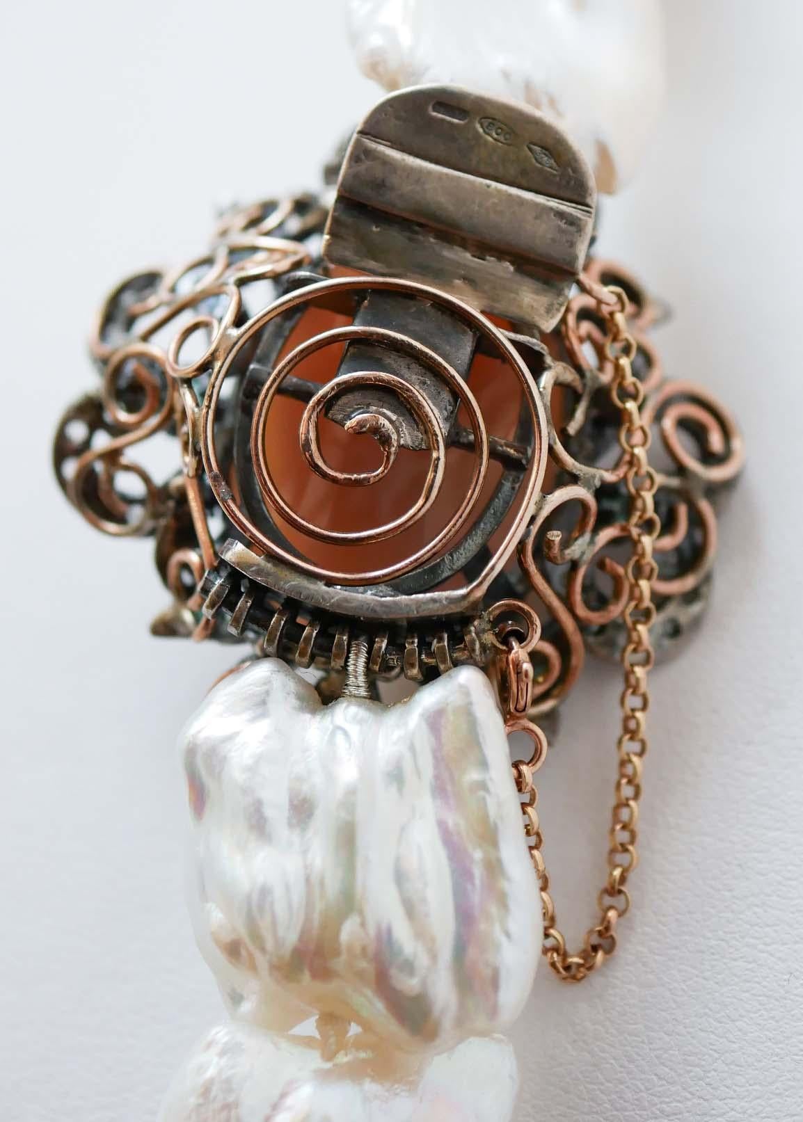 Mixed Cut Baroque Pearls, Emeralds, Cameo, Diamonds, Rose Gold and Silver Necklace. For Sale