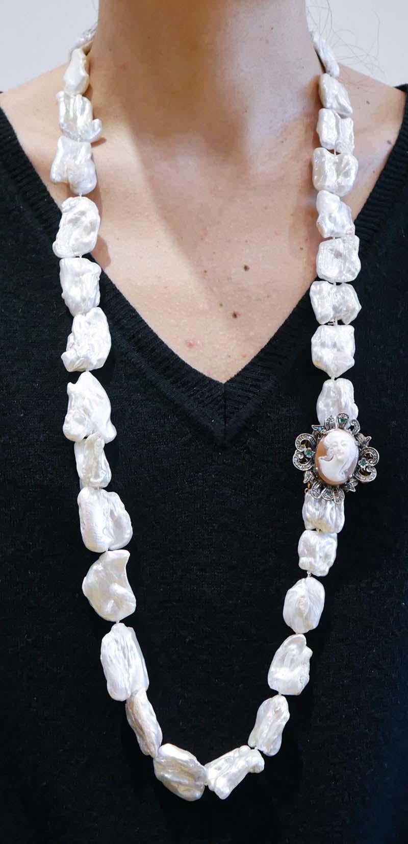 Women's Baroque Pearls, Emeralds, Cameo, Diamonds, Rose Gold and Silver Necklace. For Sale