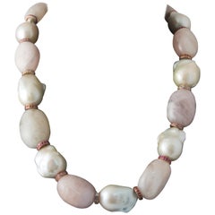 Baroque Pearls Morganites and Bakelite Claps Necklace