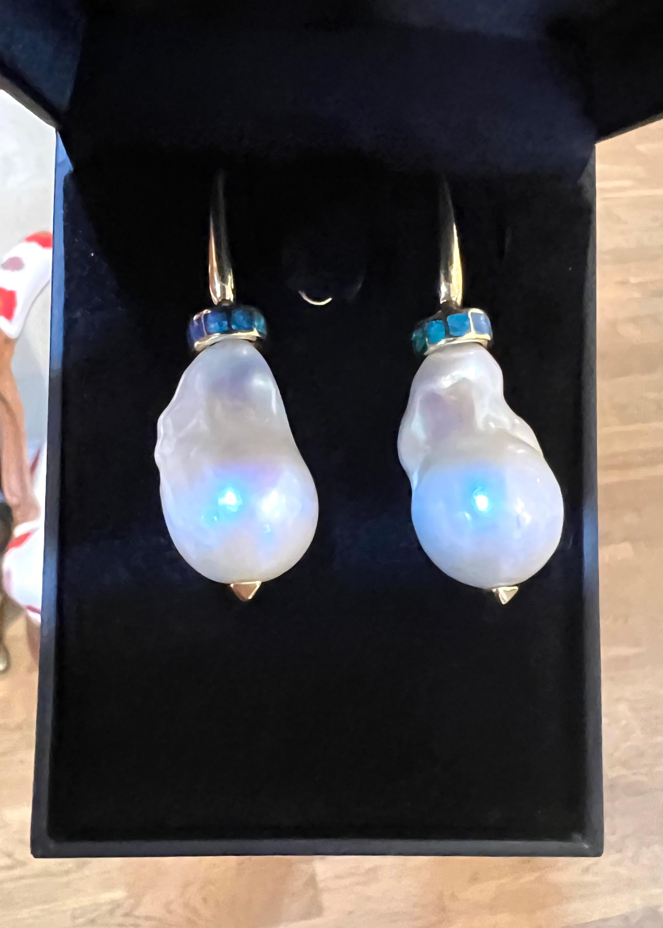Contemporary Baroque Pearls Opal 18 Carats Yellow Gold Earrings For Sale