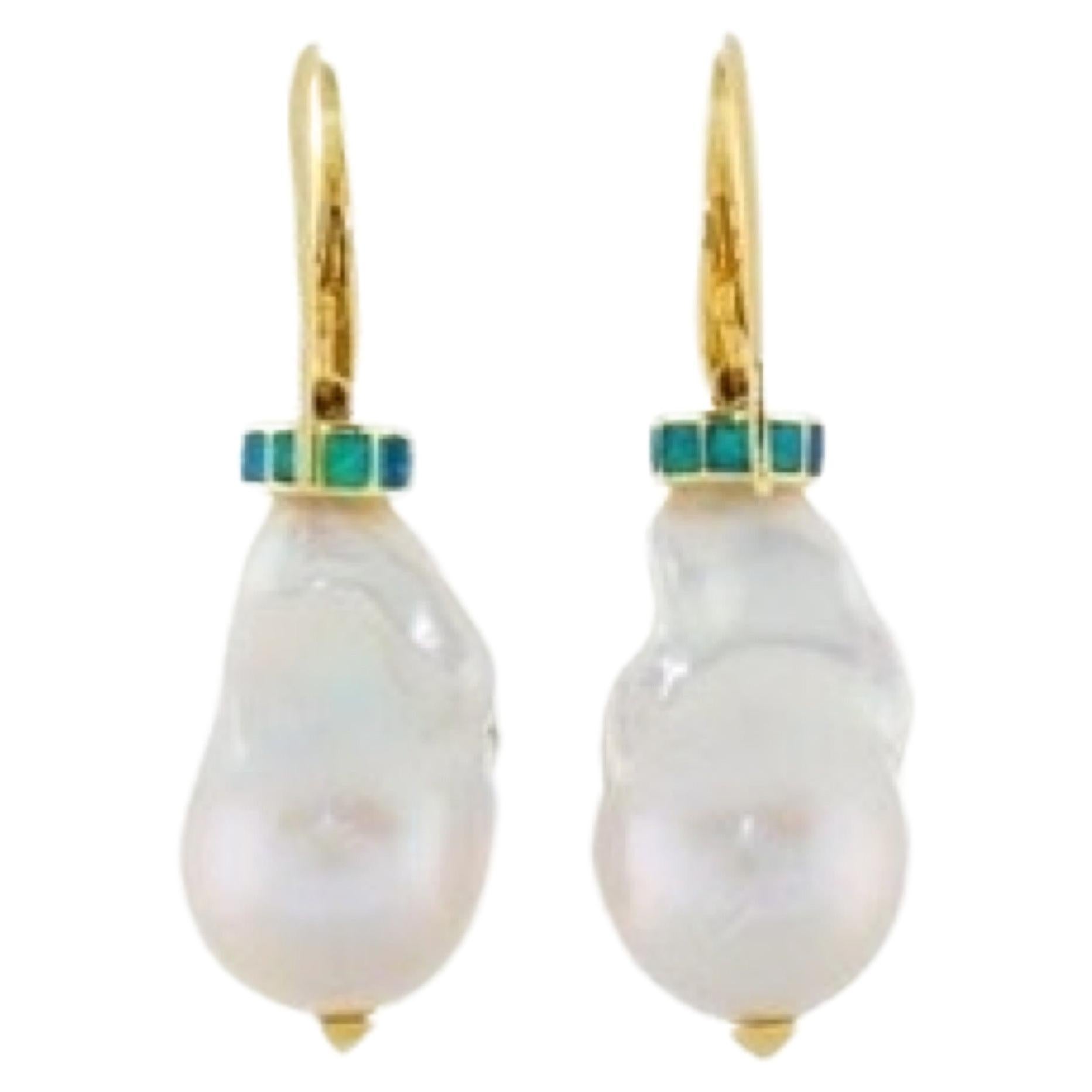 Baroque Pearls Opal 18 Carats Yellow Gold Earrings For Sale