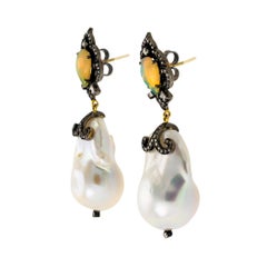 Baroque Pearls Opals Diamonds Drop Earrings