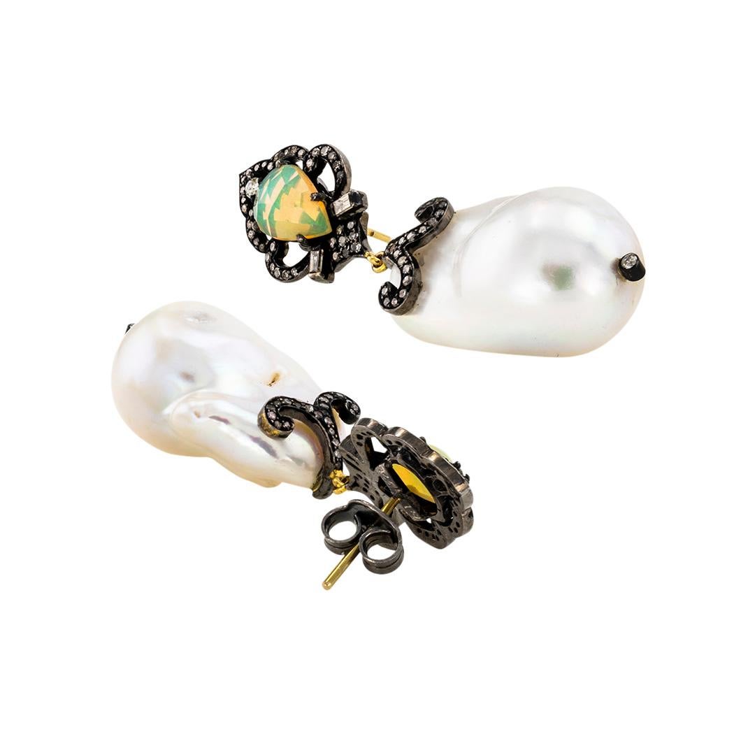 Mixed Cut Baroque Pearls Opals Diamonds Drop Earrings