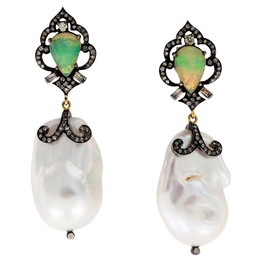 Baroque Pearls Opals Diamonds Drop Earrings