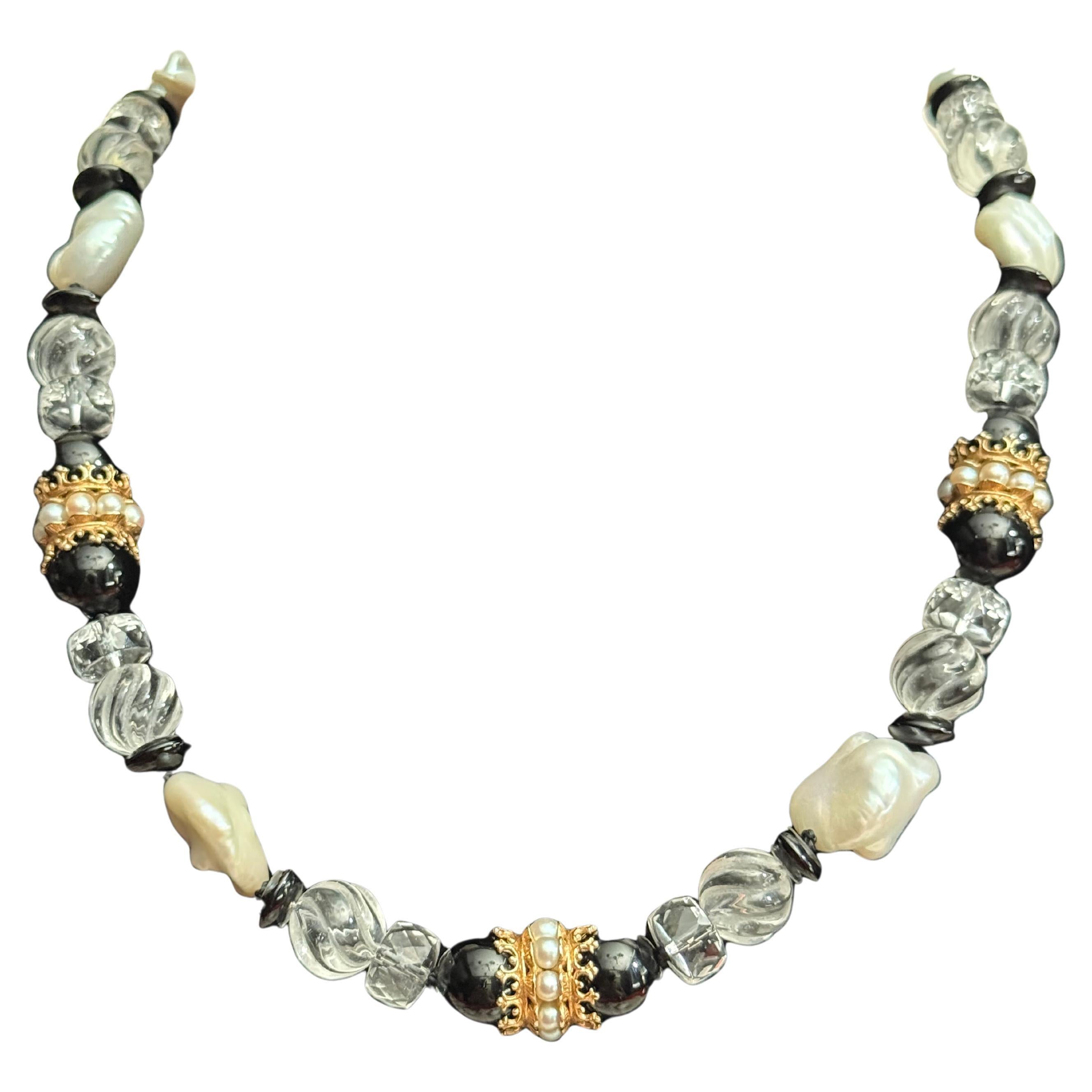 Baroque pearls, rock crystal, onyx and gold necklace
