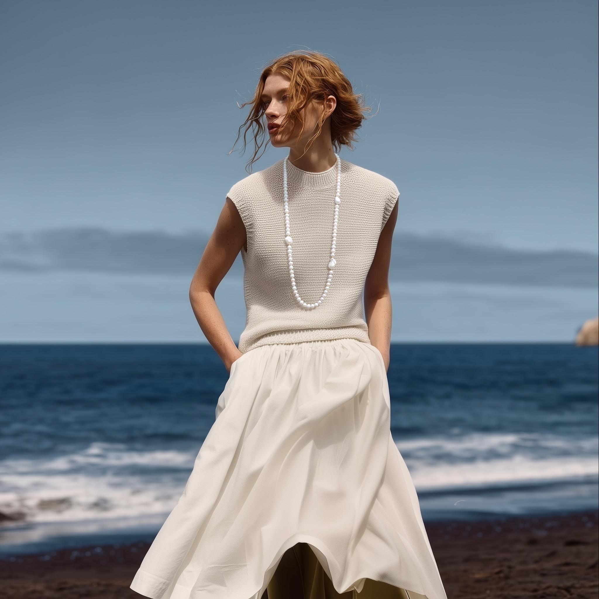 Die Halo-Halskette ist ein leuchtendes Band aus Licht, das den klassischen Perlenstrang mit skulpturaler Eleganz neu interpretiert. Zarte Süßwasserperlen schimmern in sanften Elfenbeintönen, während größere barocke Formen den Strang durchziehen wie