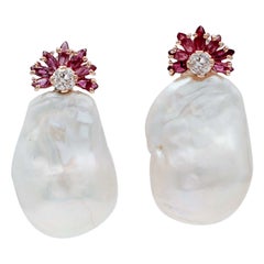 Baroque Pearls, Rubies, Diamonds, 14 Karat Rose Gold Earrings
