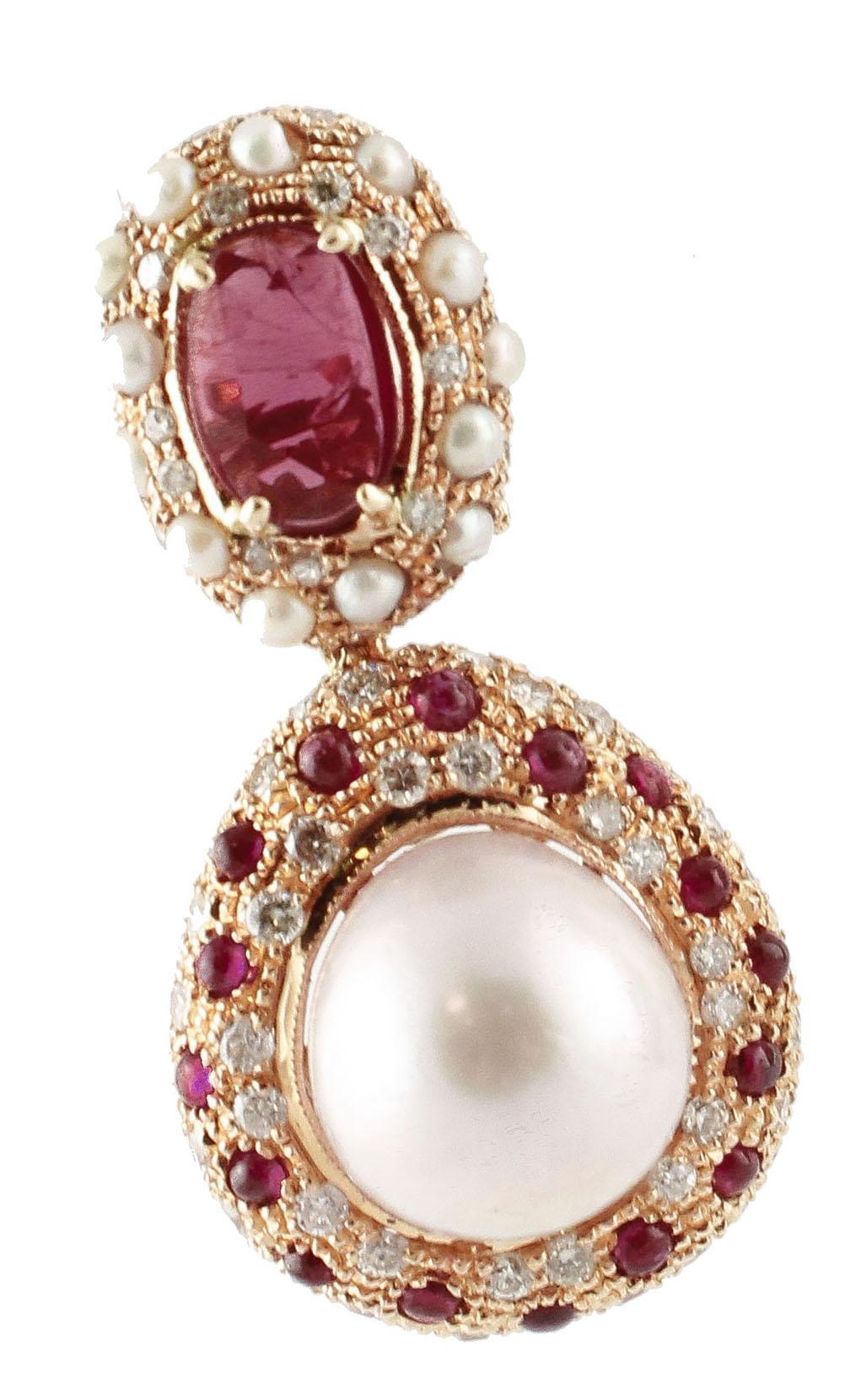 Baroque Pearls, Rubies, Diamonds, 14 Karat Rose Gold Retro Dangle Earrings In Excellent Condition In Marcianise, Marcianise (CE)