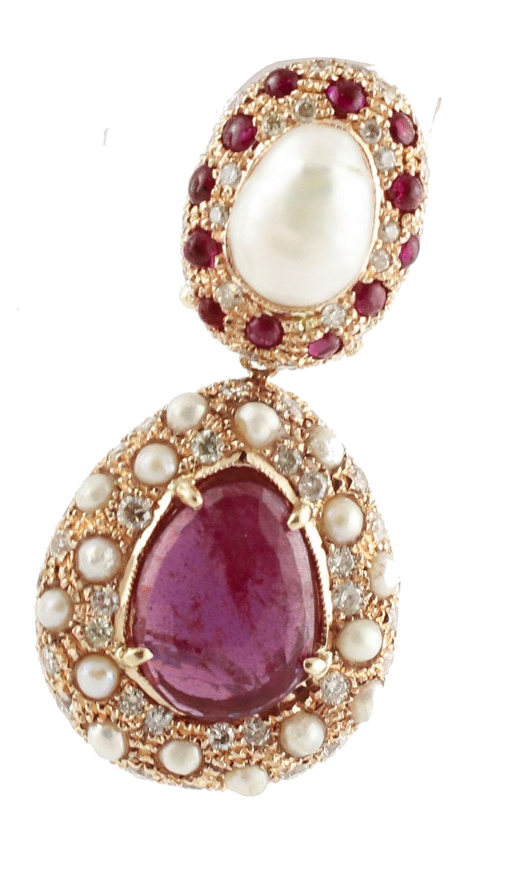 Women's Baroque Pearls, Rubies, Diamonds, 14 Karat Rose Gold Retro Dangle Earrings