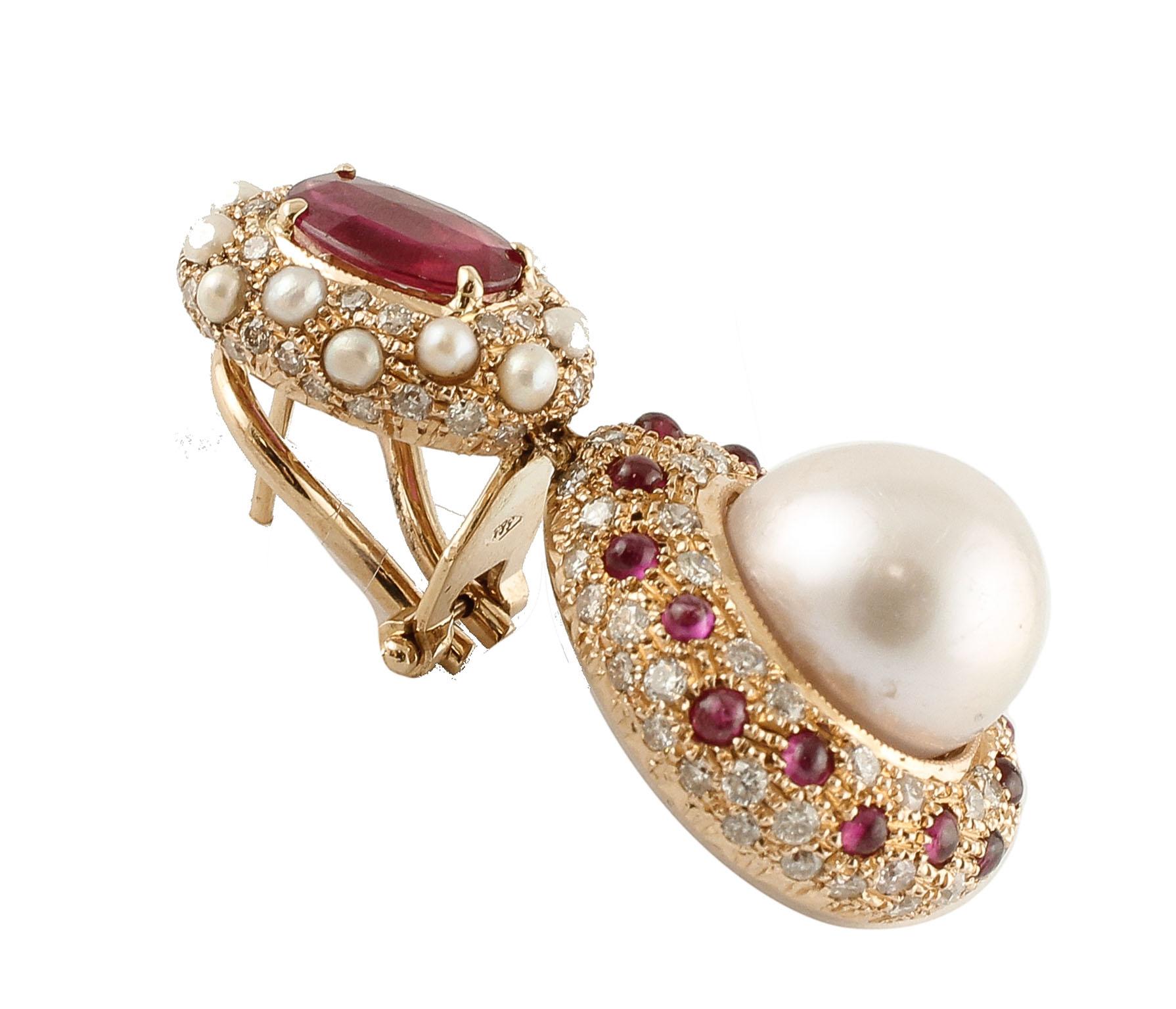 Baroque Pearls, Rubies, Diamonds, 14 Karat Rose Gold Retro Dangle Earrings 2