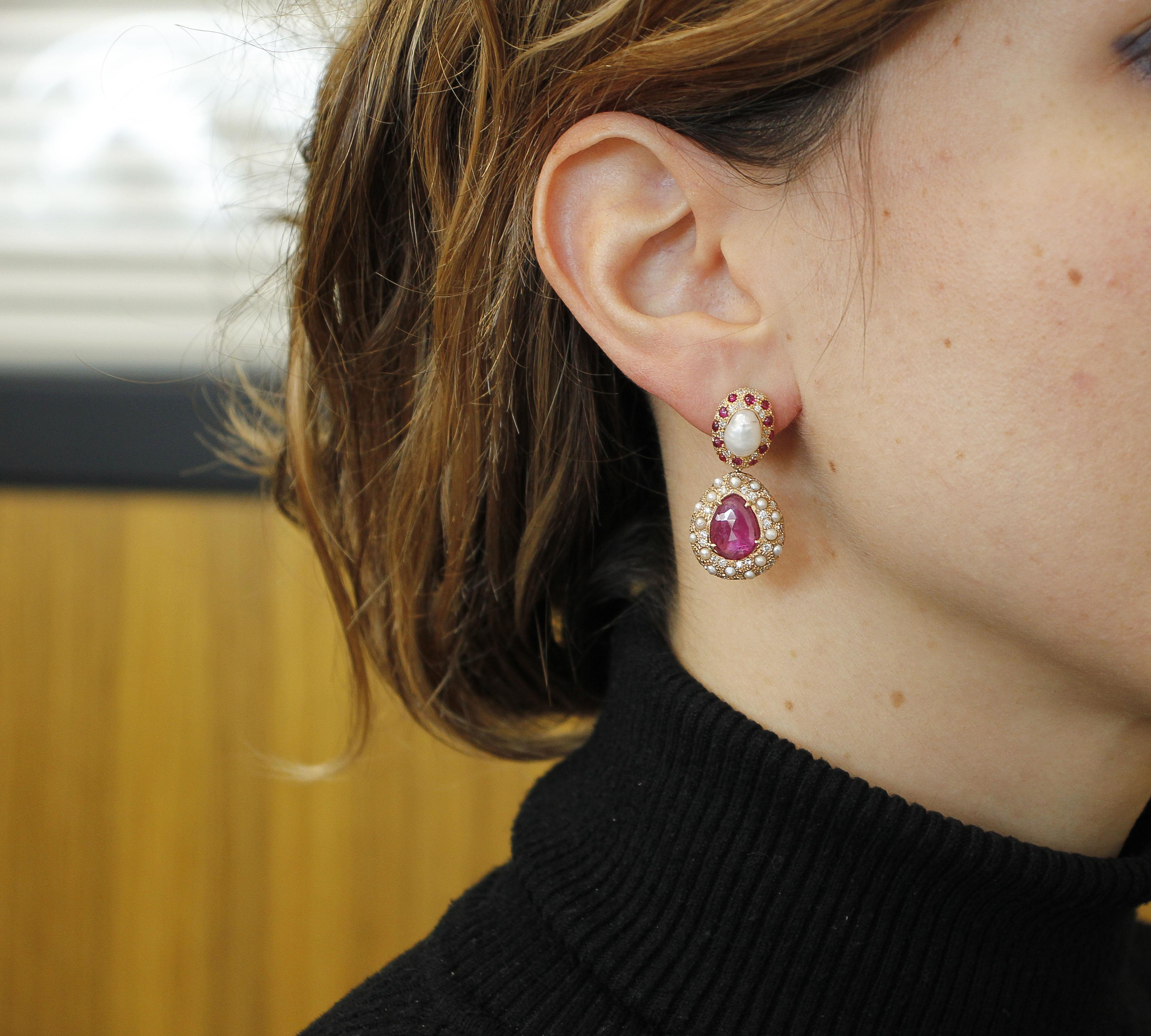 Baroque Pearls, Rubies, Diamonds, 14 Karat Rose Gold Retro Dangle Earrings 4