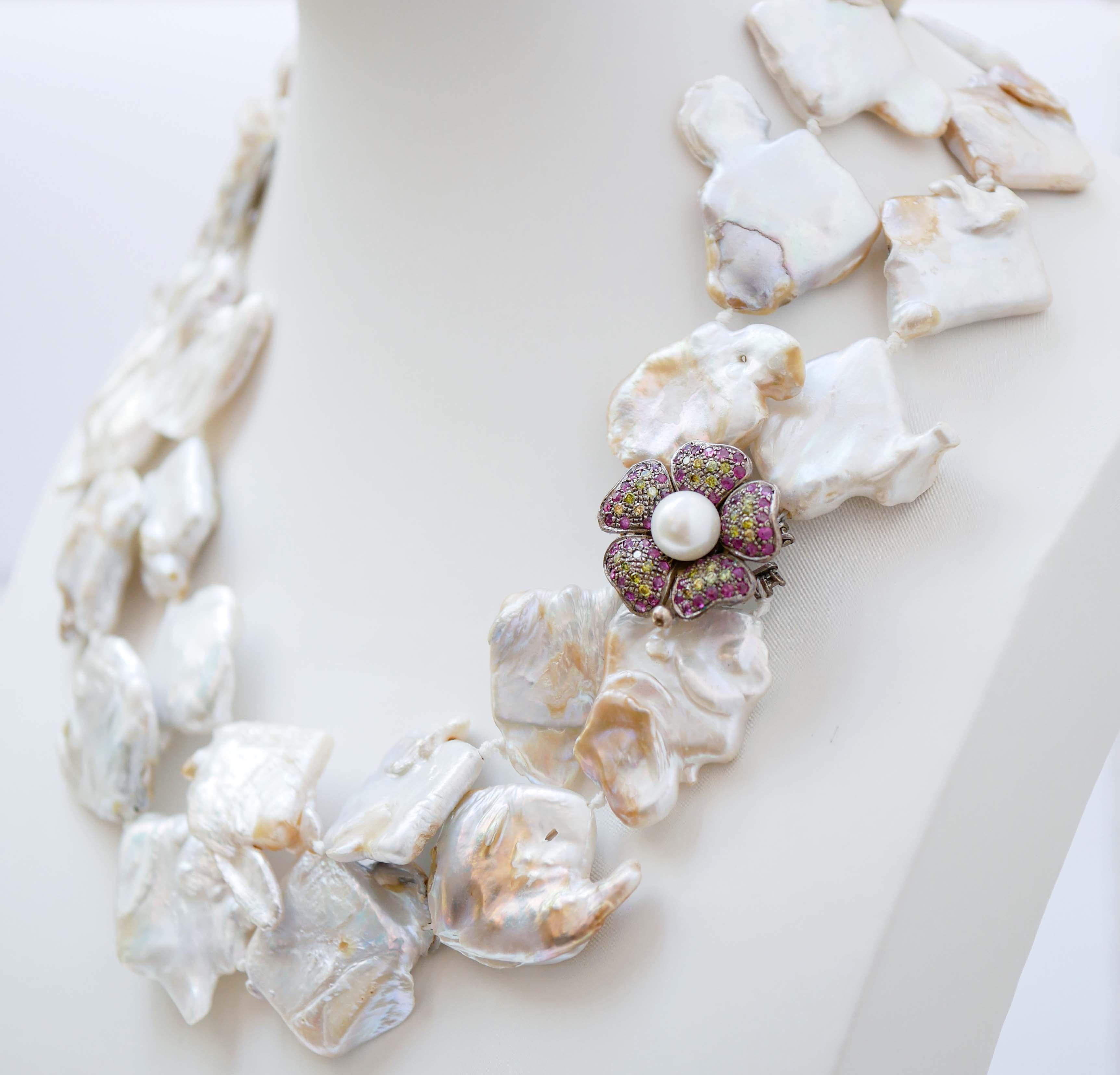 Retro Baroque Pearls, Rubies, Stones, Rose Gold and Silver Retrò Necklace