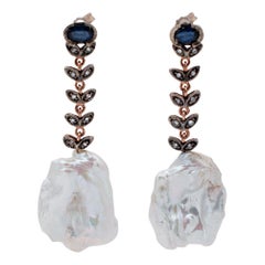 Baroque Pearls, Sapphires, Diamonds, 9Kt Rose Gold and Silver Dangle Earrings