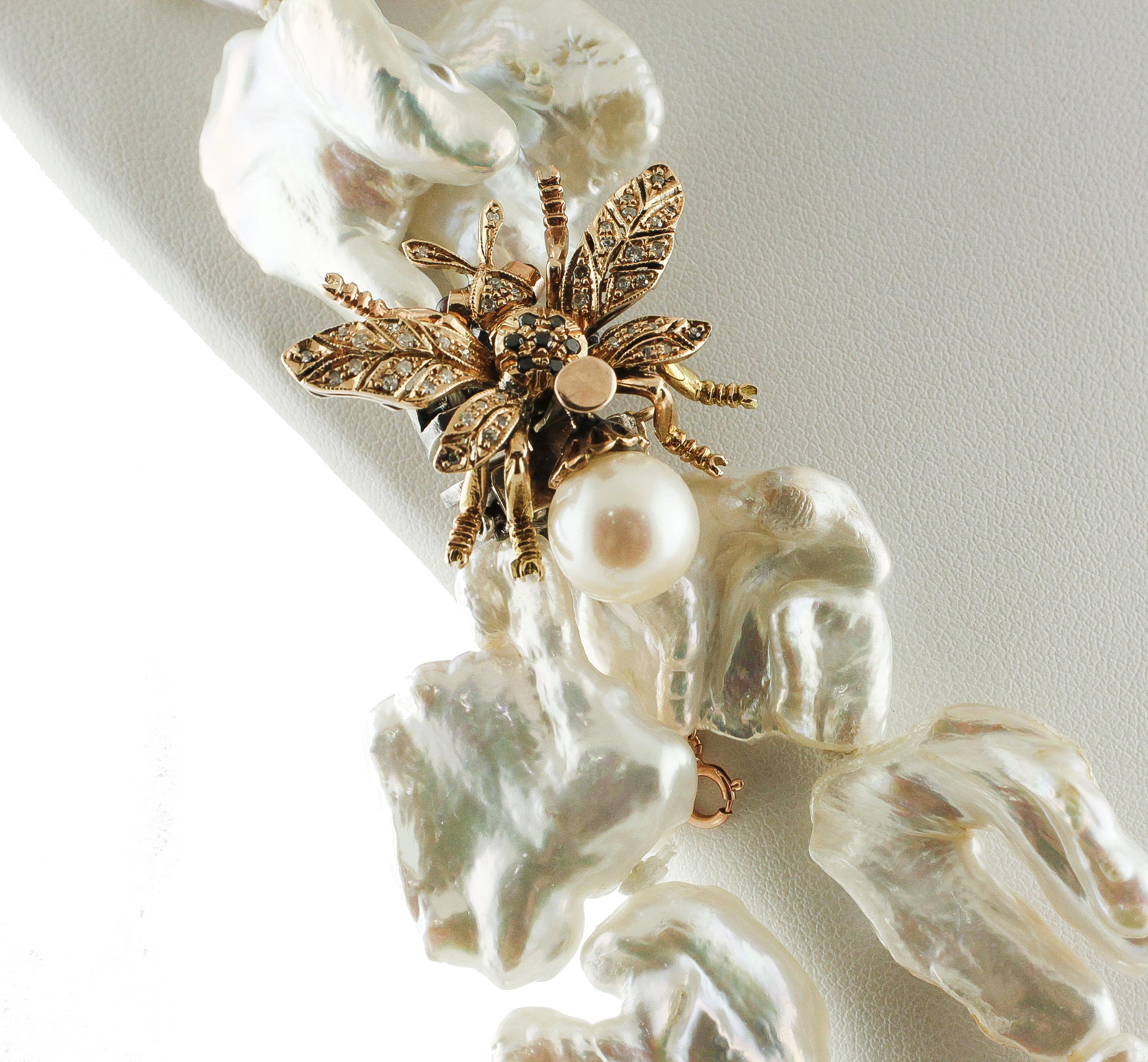 Retro Baroque Pearls White Black Diamonds Garnets Rose Gold Silver Fly Clasp Necklace