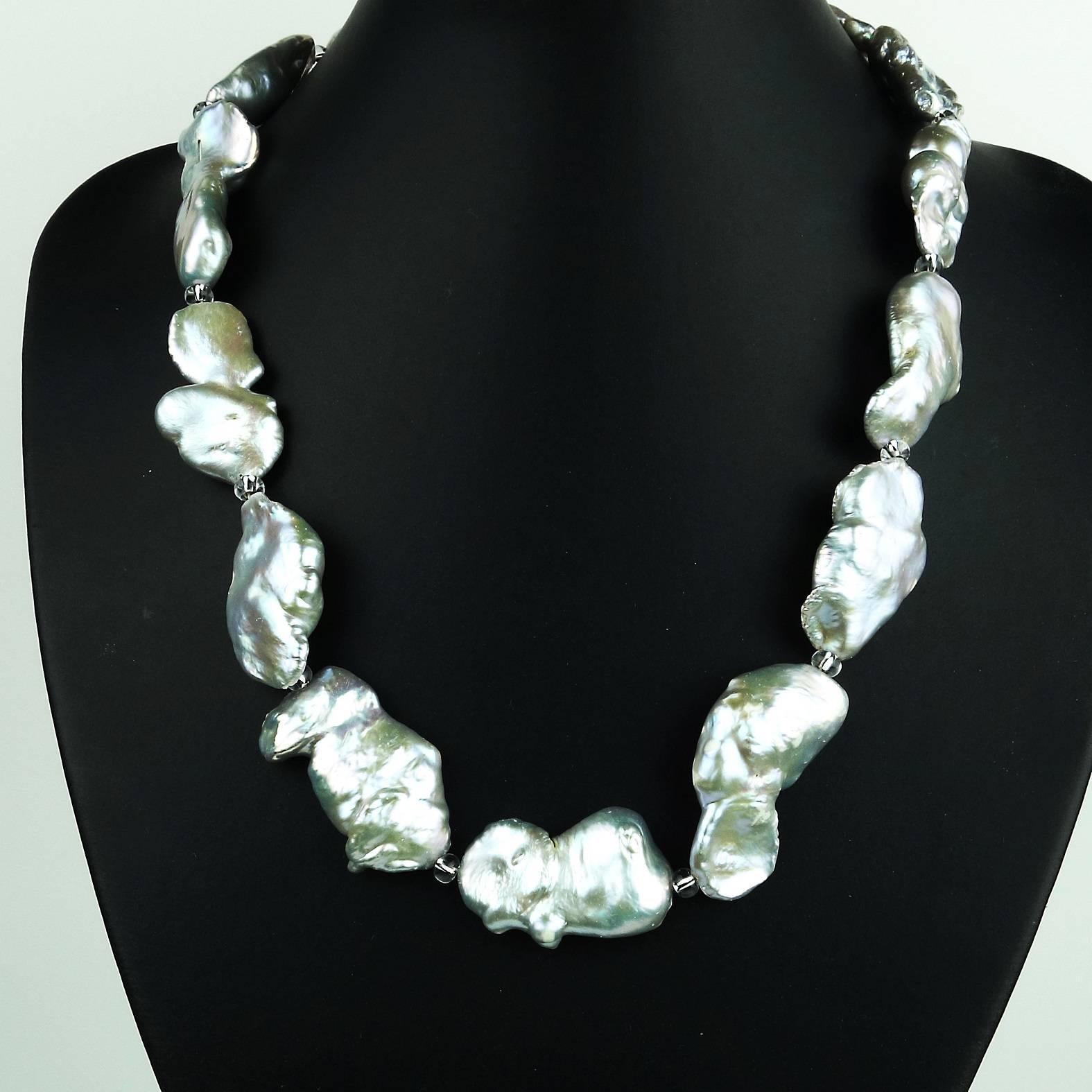 AJD Baroque Pearls with Silvery Iridescence Necklace June Birthstone In New Condition In Raleigh, NC