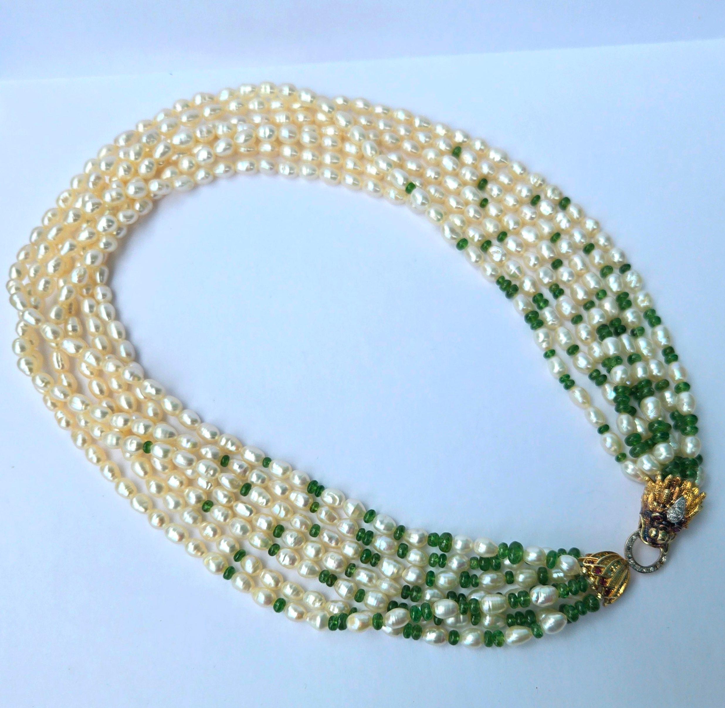 Bead Baroque Pearls with tumbled Emeralds and Gold Dragon clasp For Sale